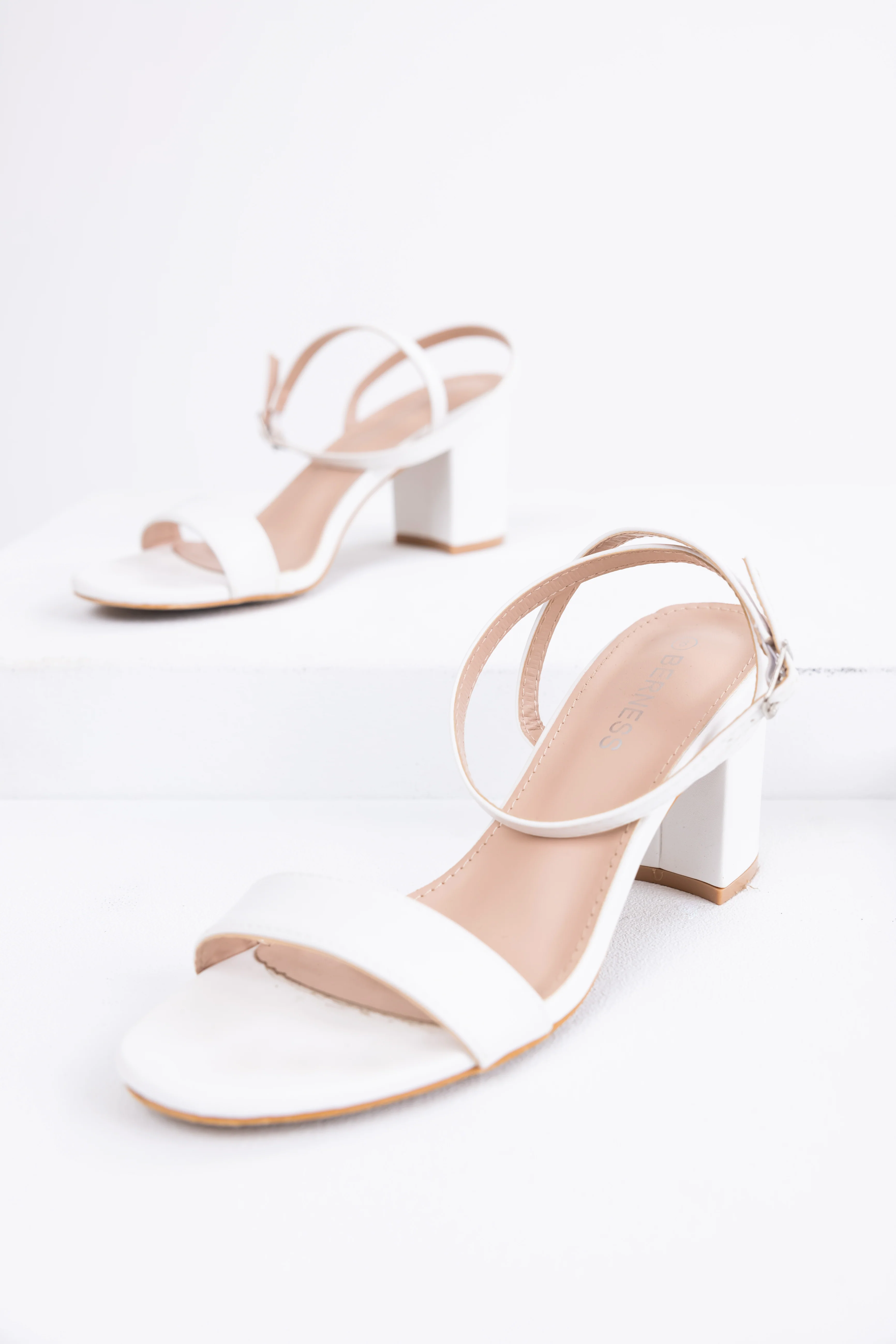 White Ankle Strap Block Heels - LD SALE