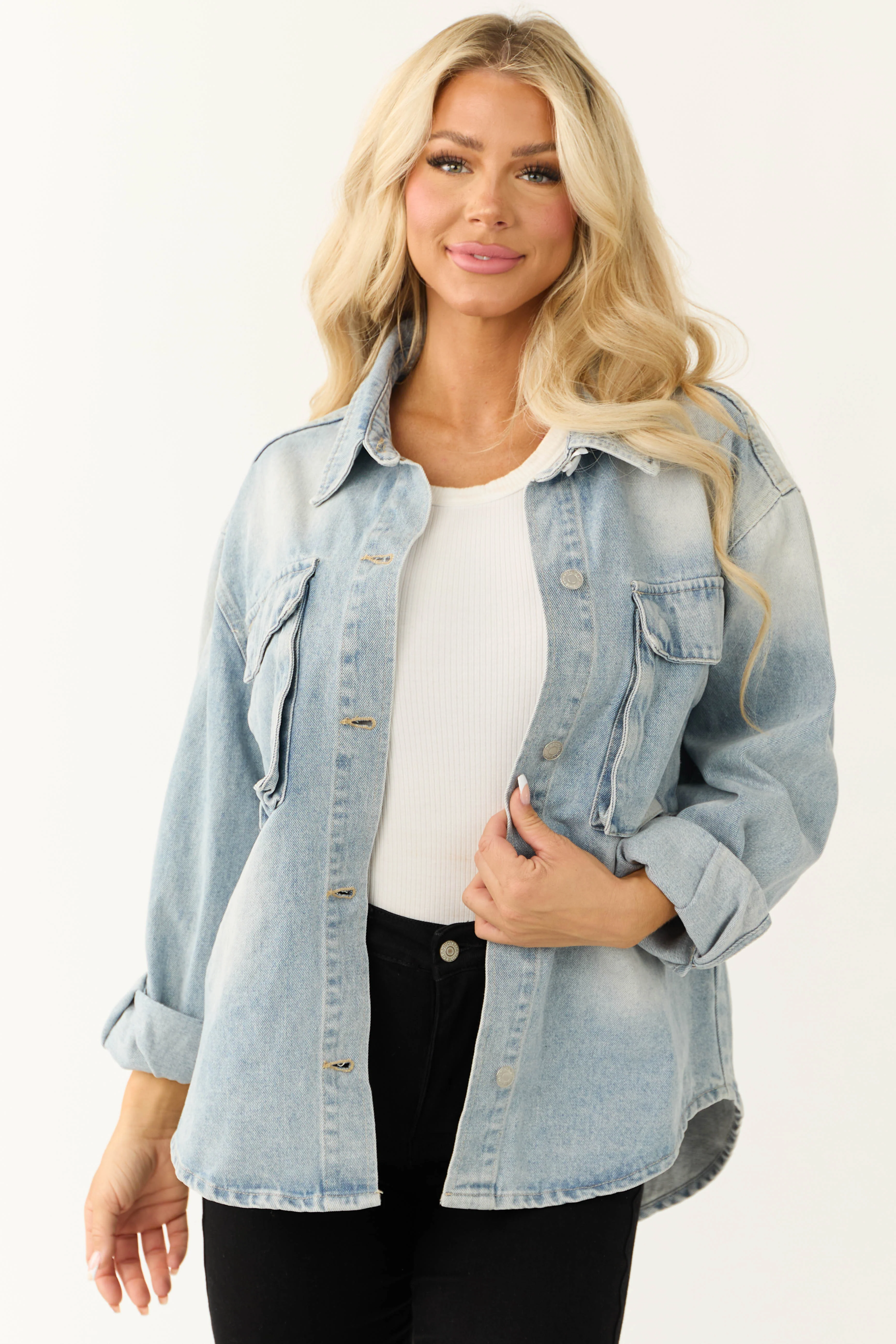 Light Wash Denim Long Sleeve Buttoned Jacket - LD SALE