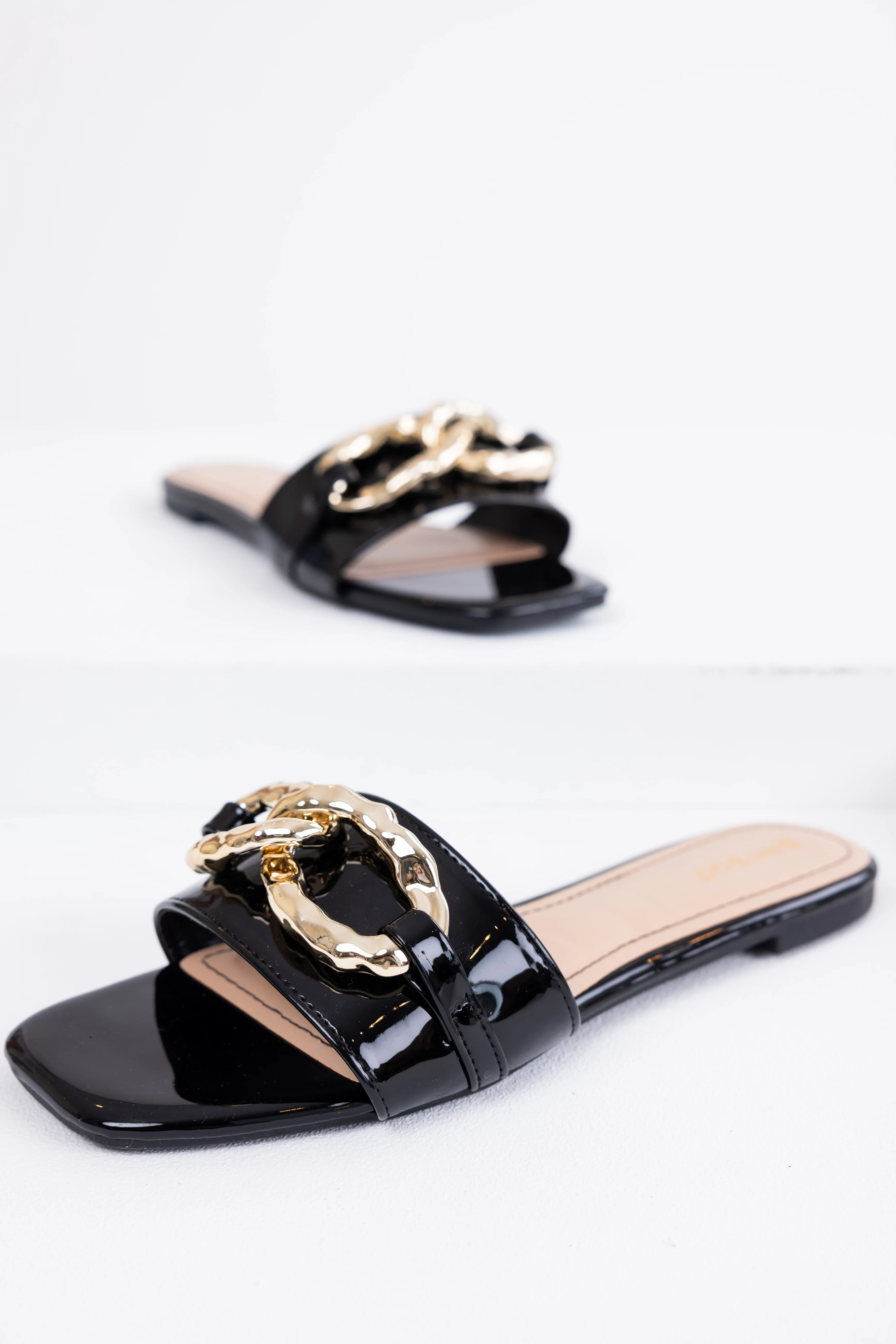 Black Patent Leather Link Chain Flat Sandals - LD SALE