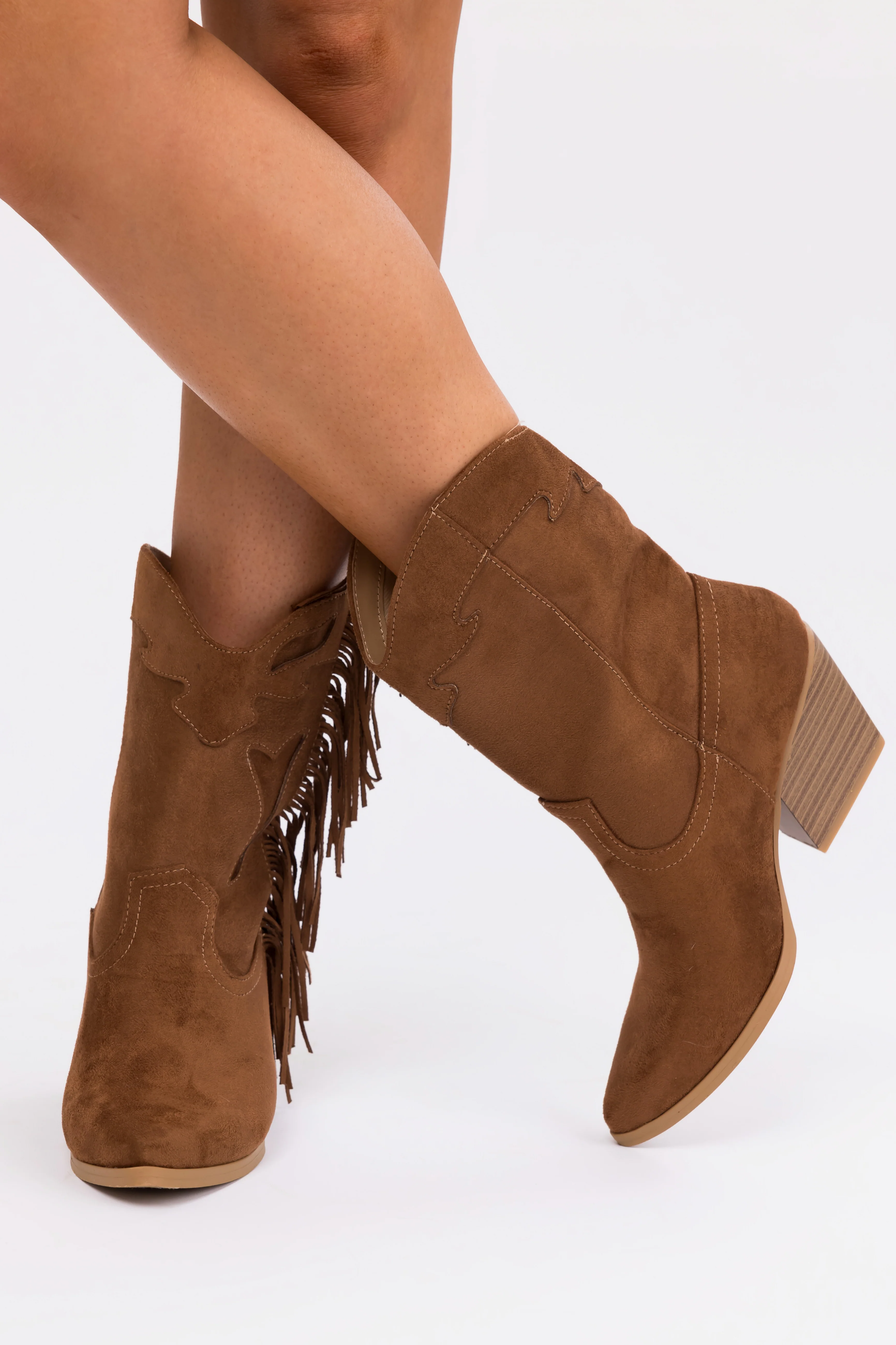 Spice Suede Fringe Embroidered Heeled Boots - LD SALE