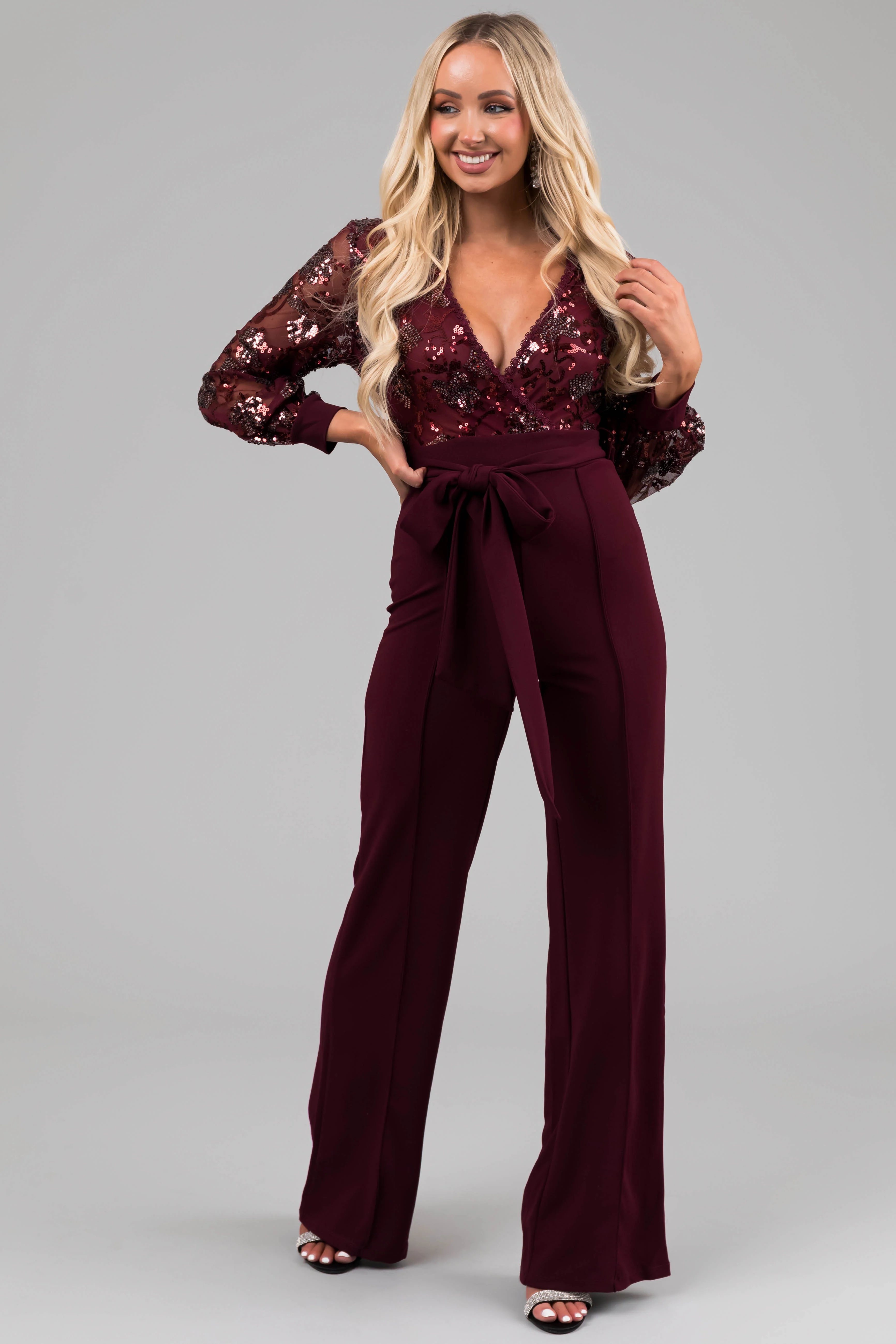 Wine Sequin Deep V Neck Wide Leg Jumpsuit - LD SALE