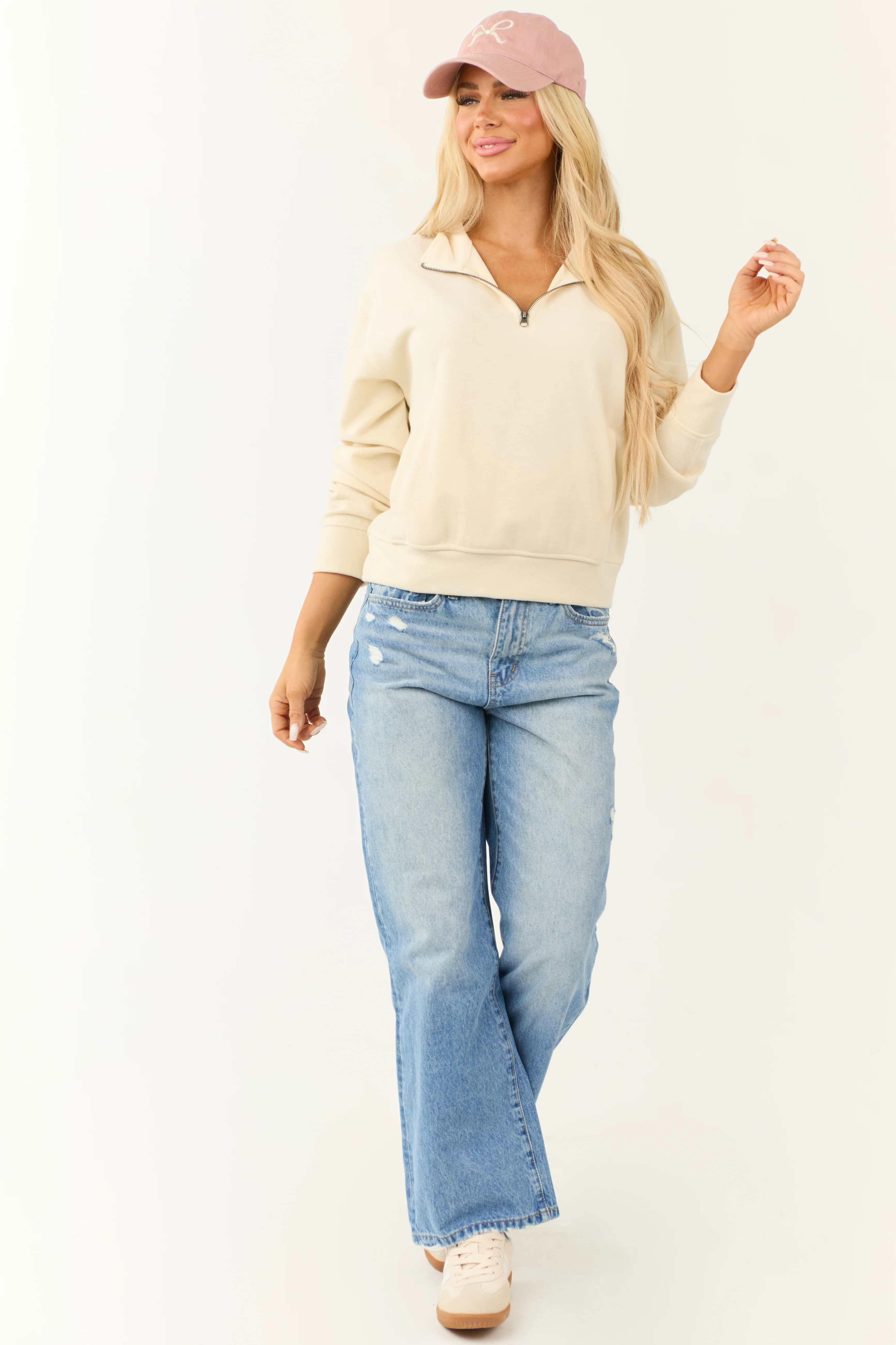 Cream Half Zip Up Knit Long Sleeve Sweatshirt - LD SALE
