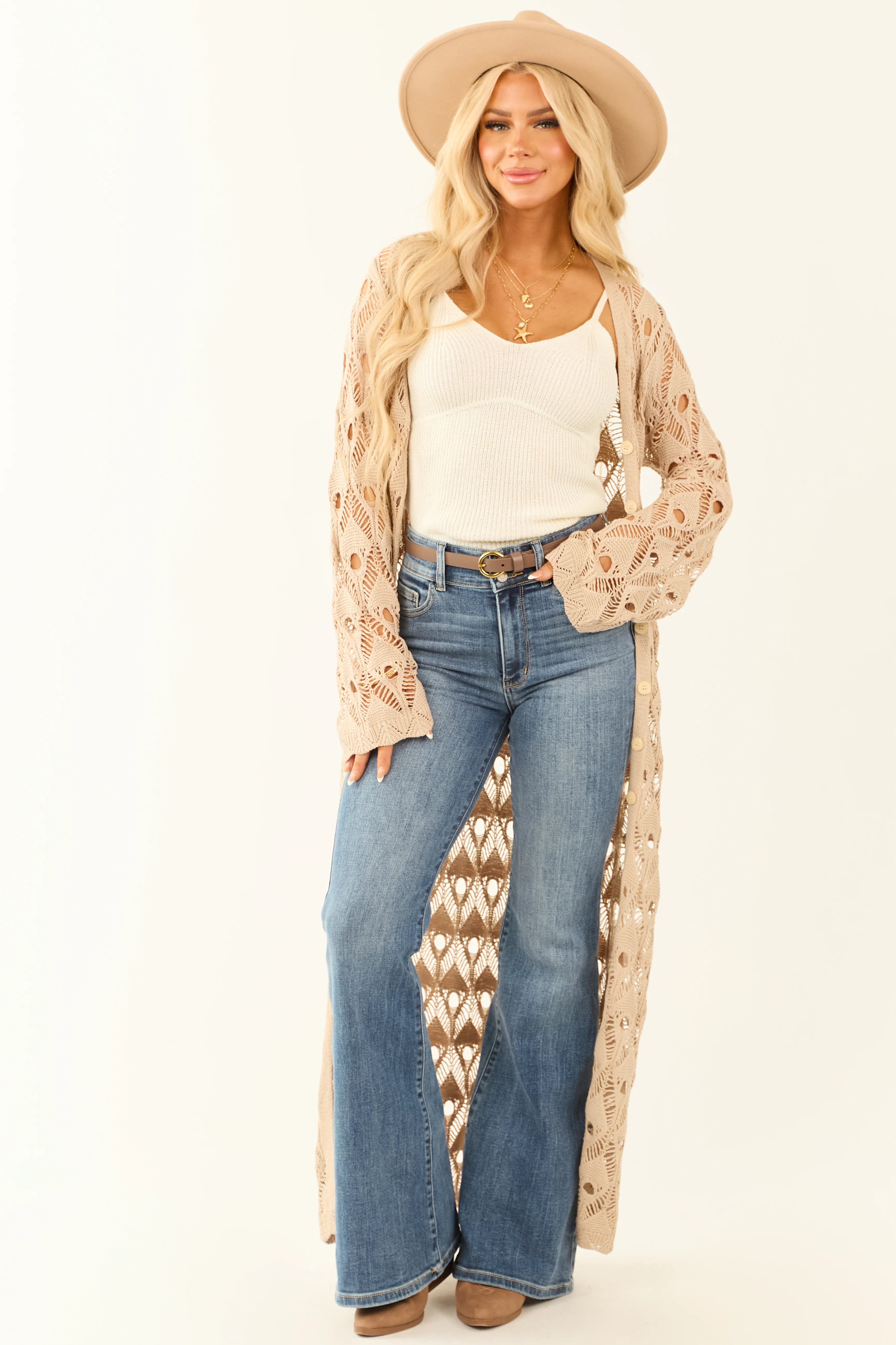 Oatmeal Button Down Crochet Longline Cardigan - LD SALE