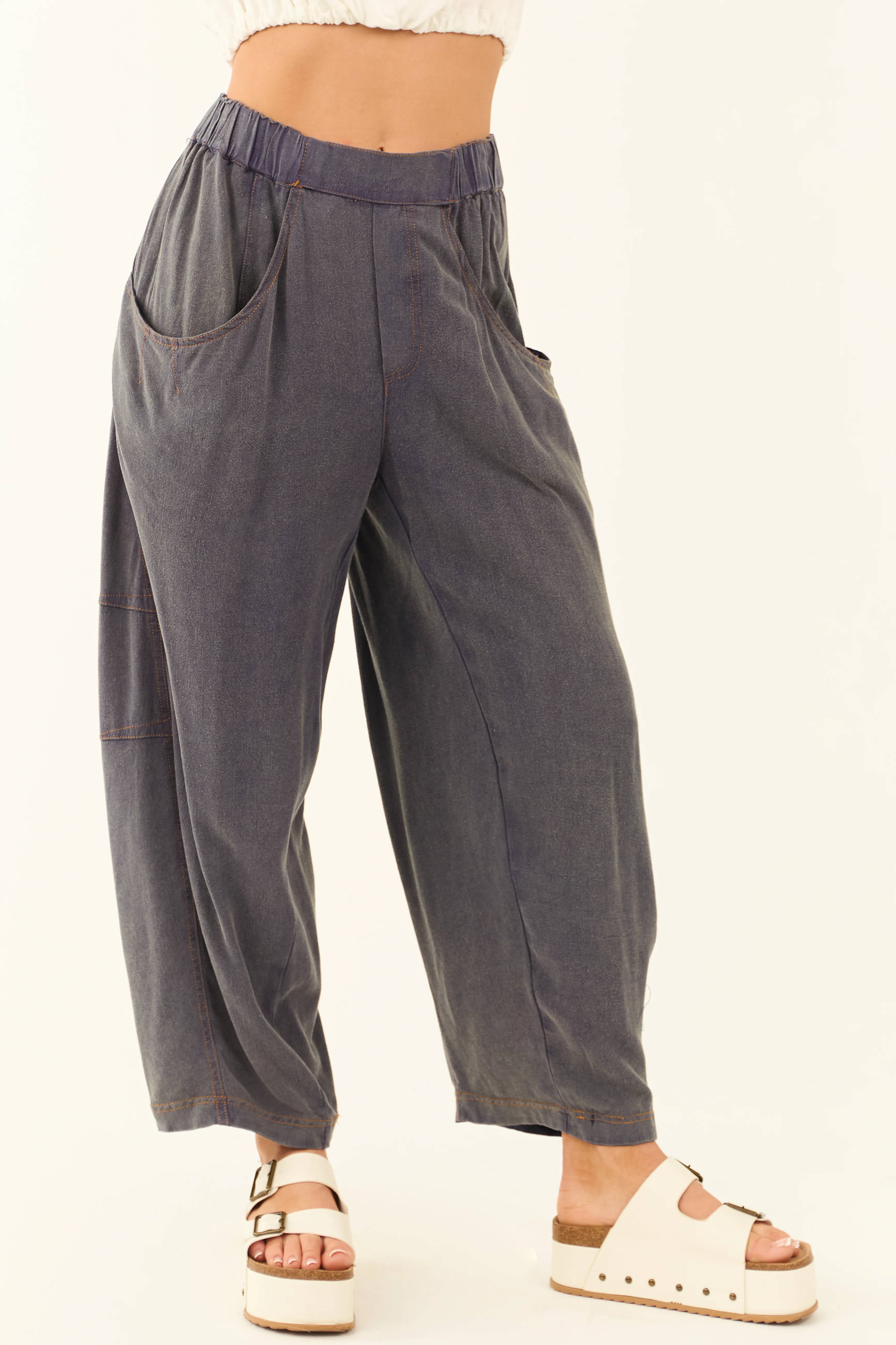 Slate Washed Cropped Loose Linen Pants - LD SALE