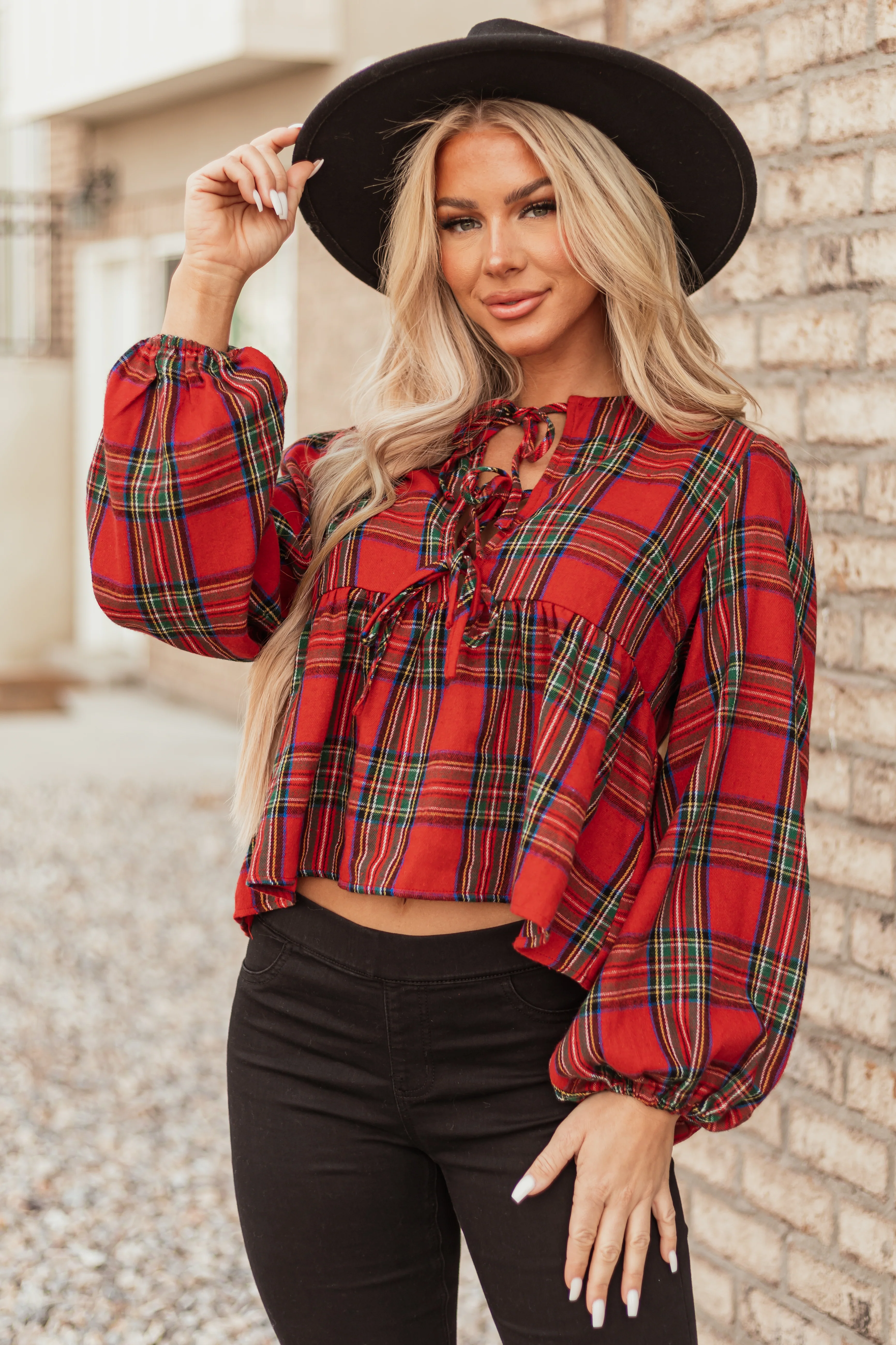 Cranberry Plaid Front Tie Ruffle Long Sleeve Top - LD SALE