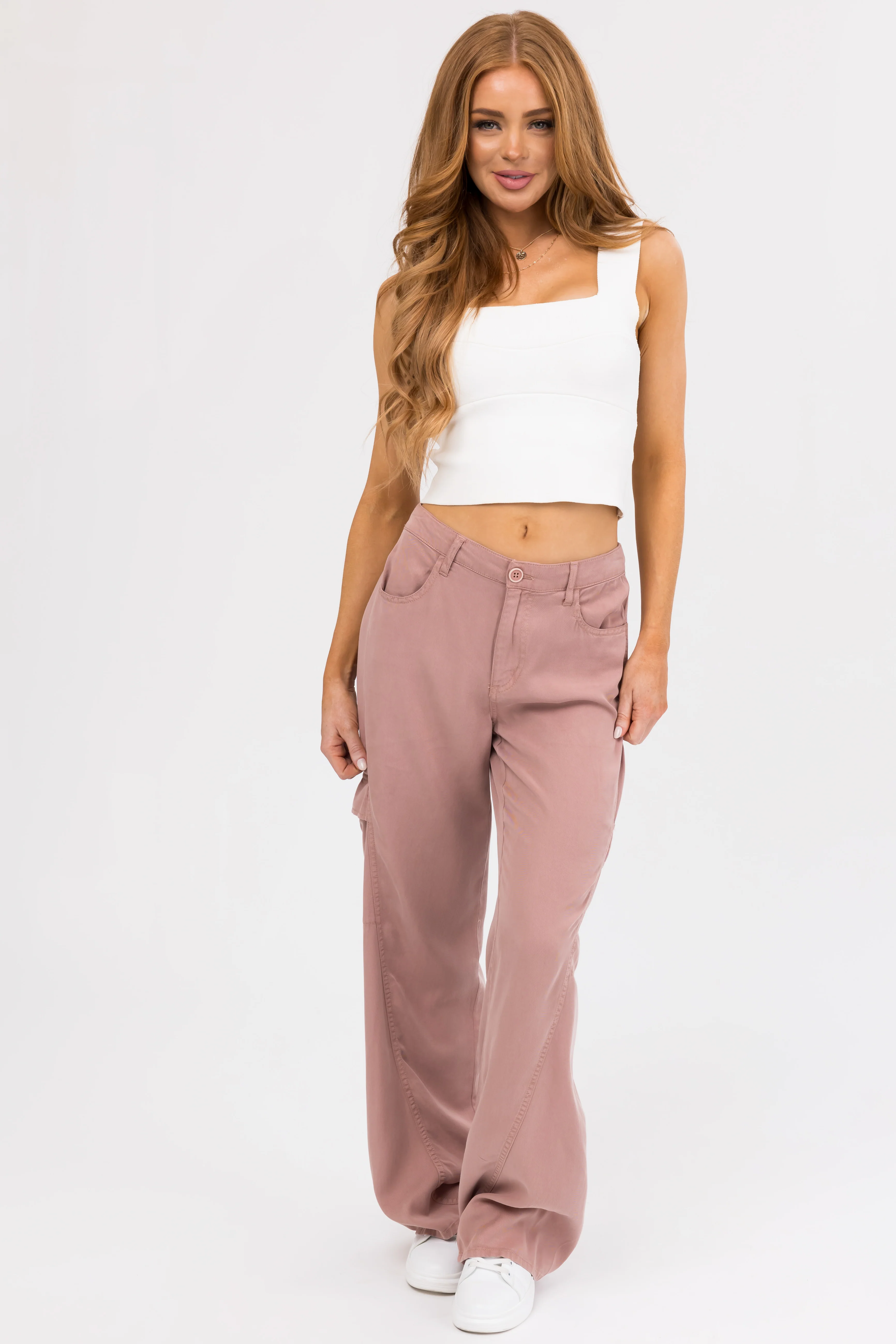 Risen Dusty Rose High Rise Tencel Cargo Pants - LD SALE