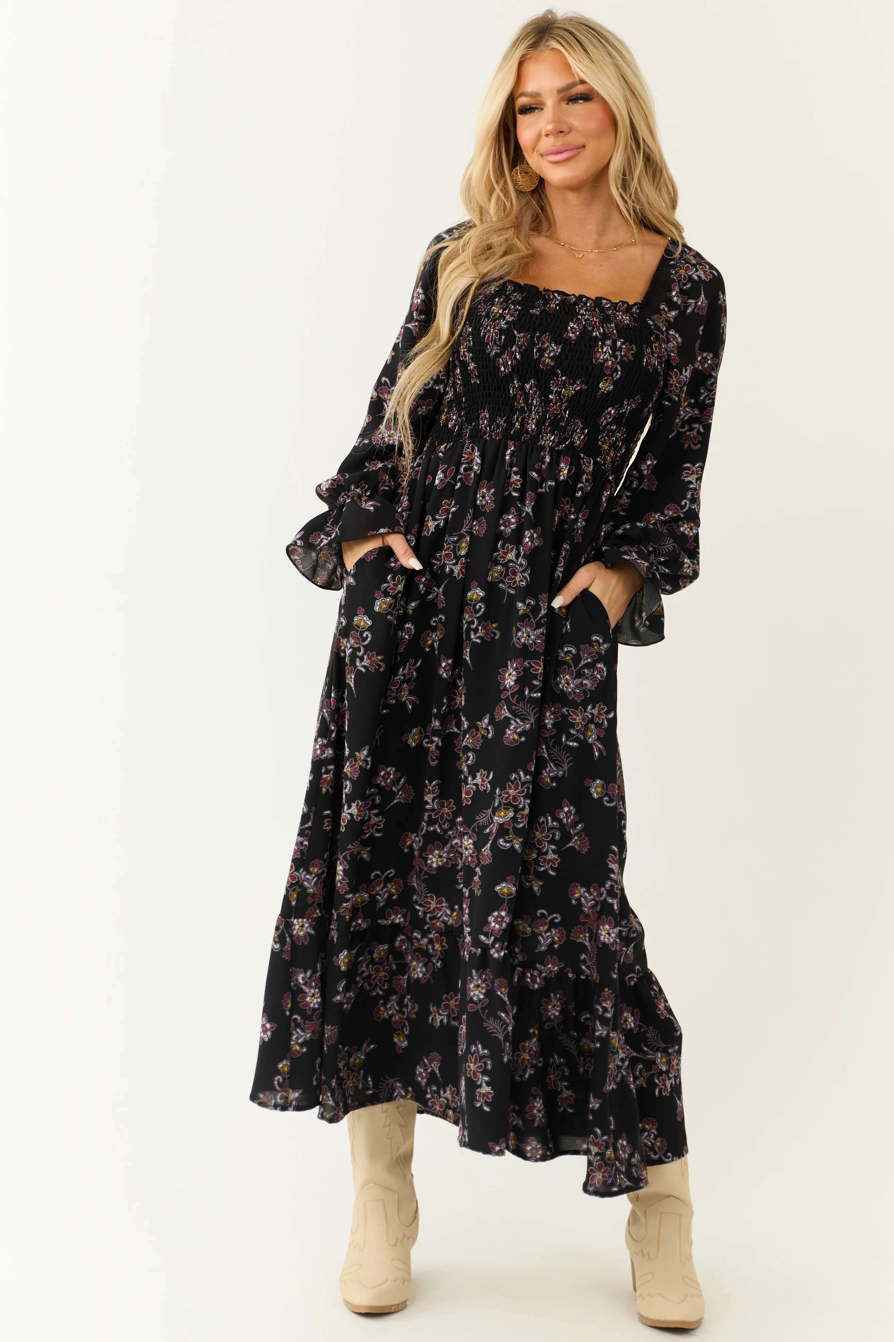 Black Floral Smocked Babydoll Long Sleeve Maxi Dress - LD SALE