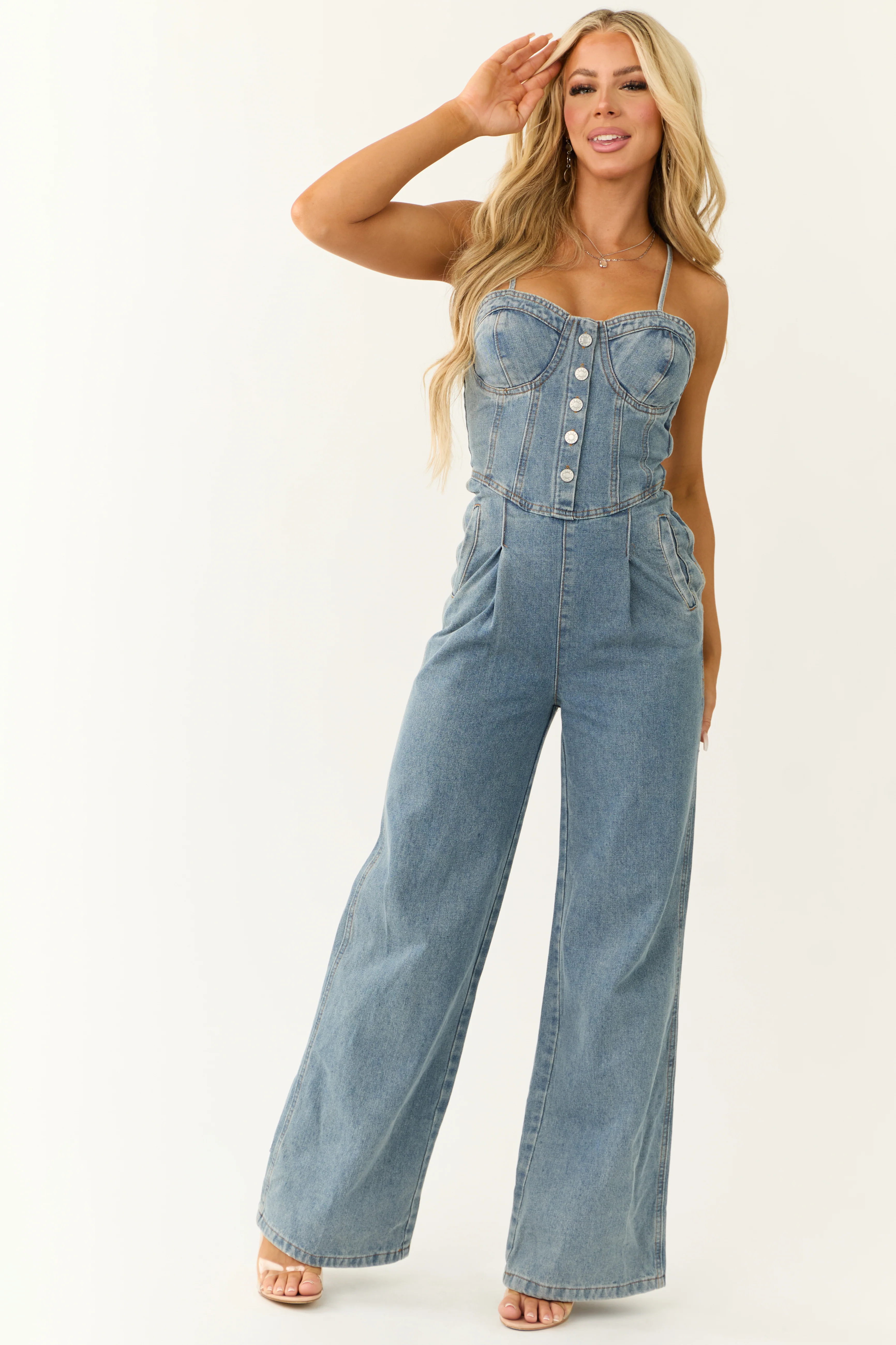 Medium Wash Denim Sweetheart Neck Jumpsuit - LD SALE