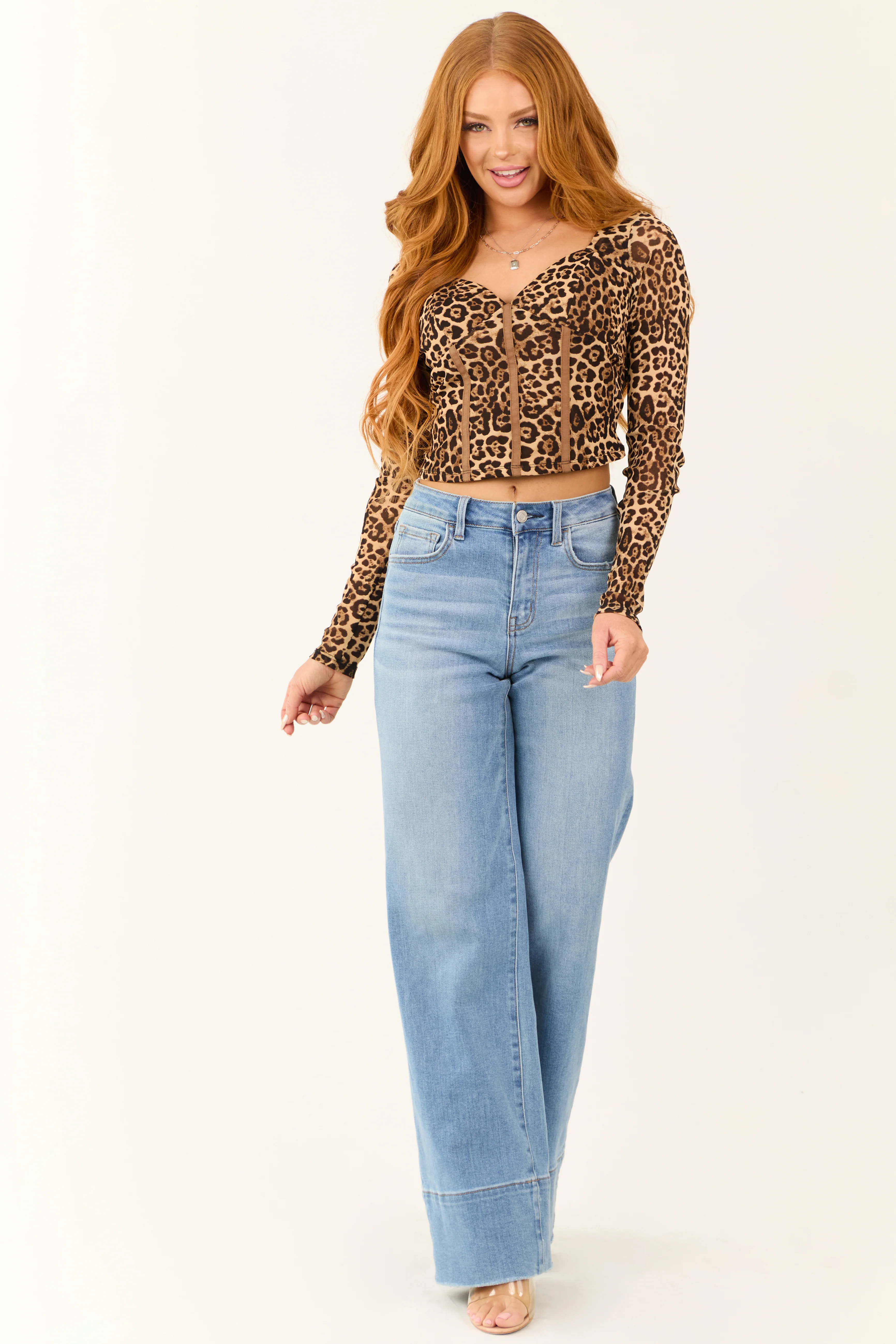 Camel Leopard Print Long Sleeve Corset Top - LD SALE