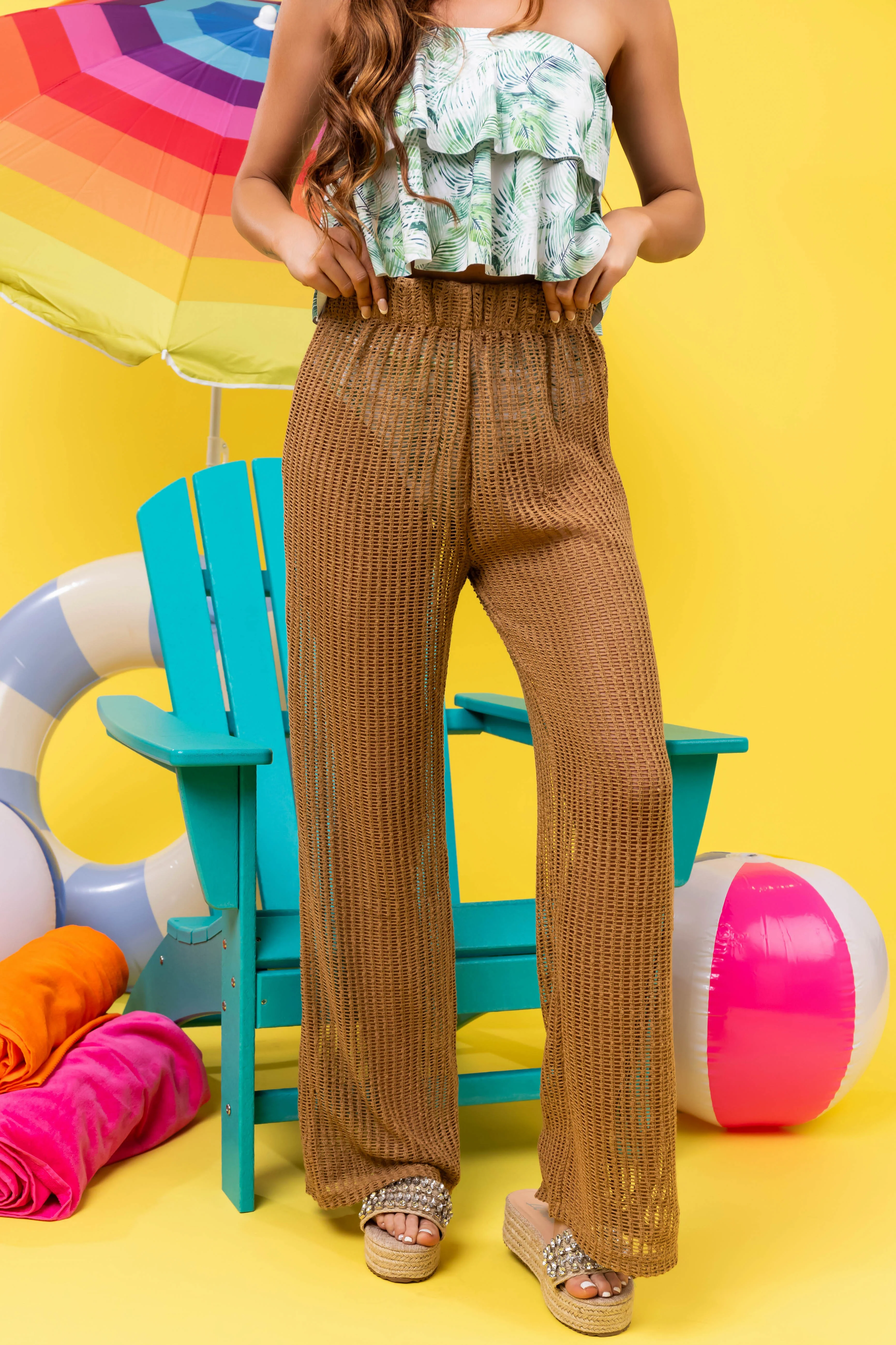 She+Sky Camel Sheer Crochet Net Loose Pants - LD SALE