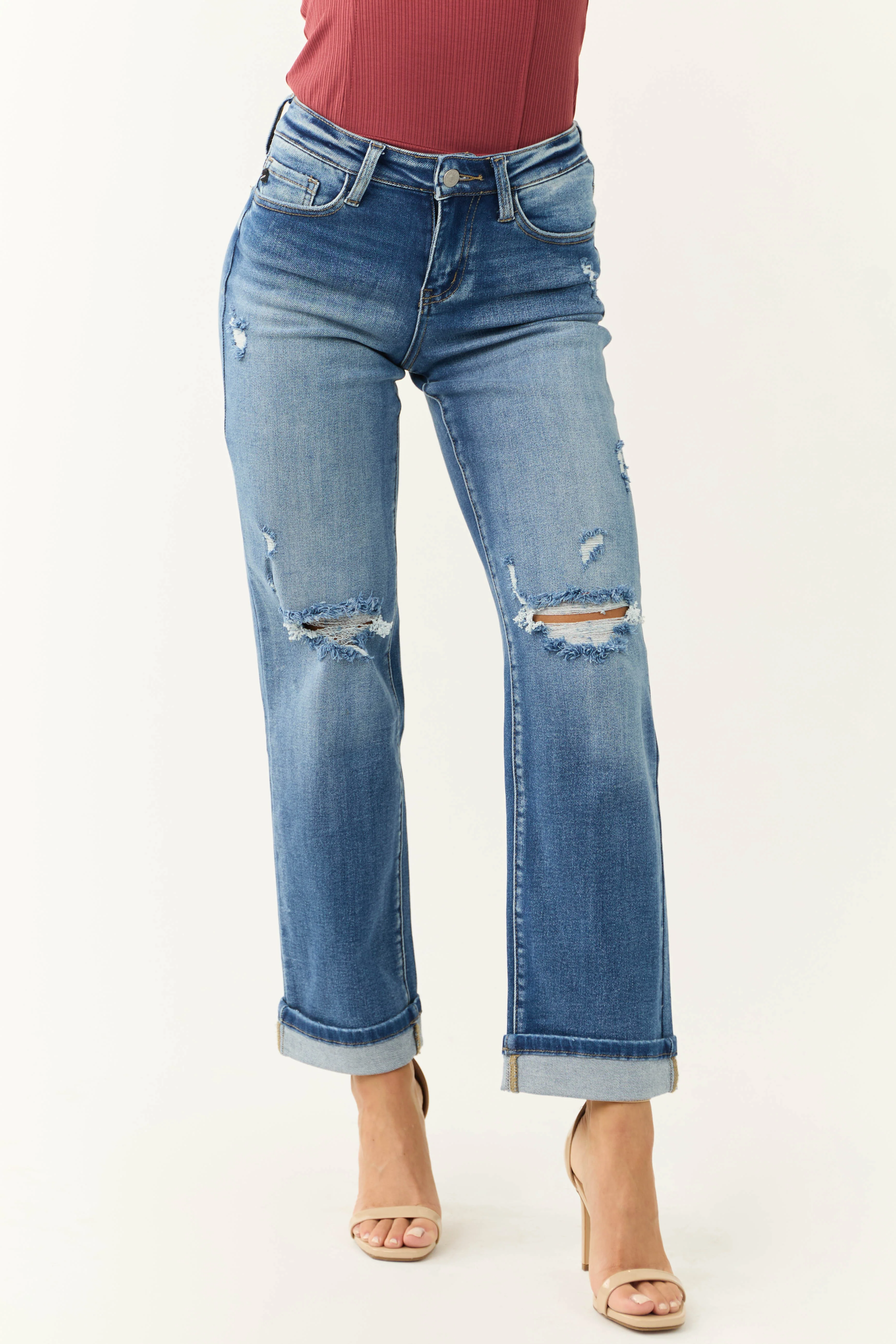 KanCan Medium Wash Mid Rise Cuffed Straight Jeans - LD SALE