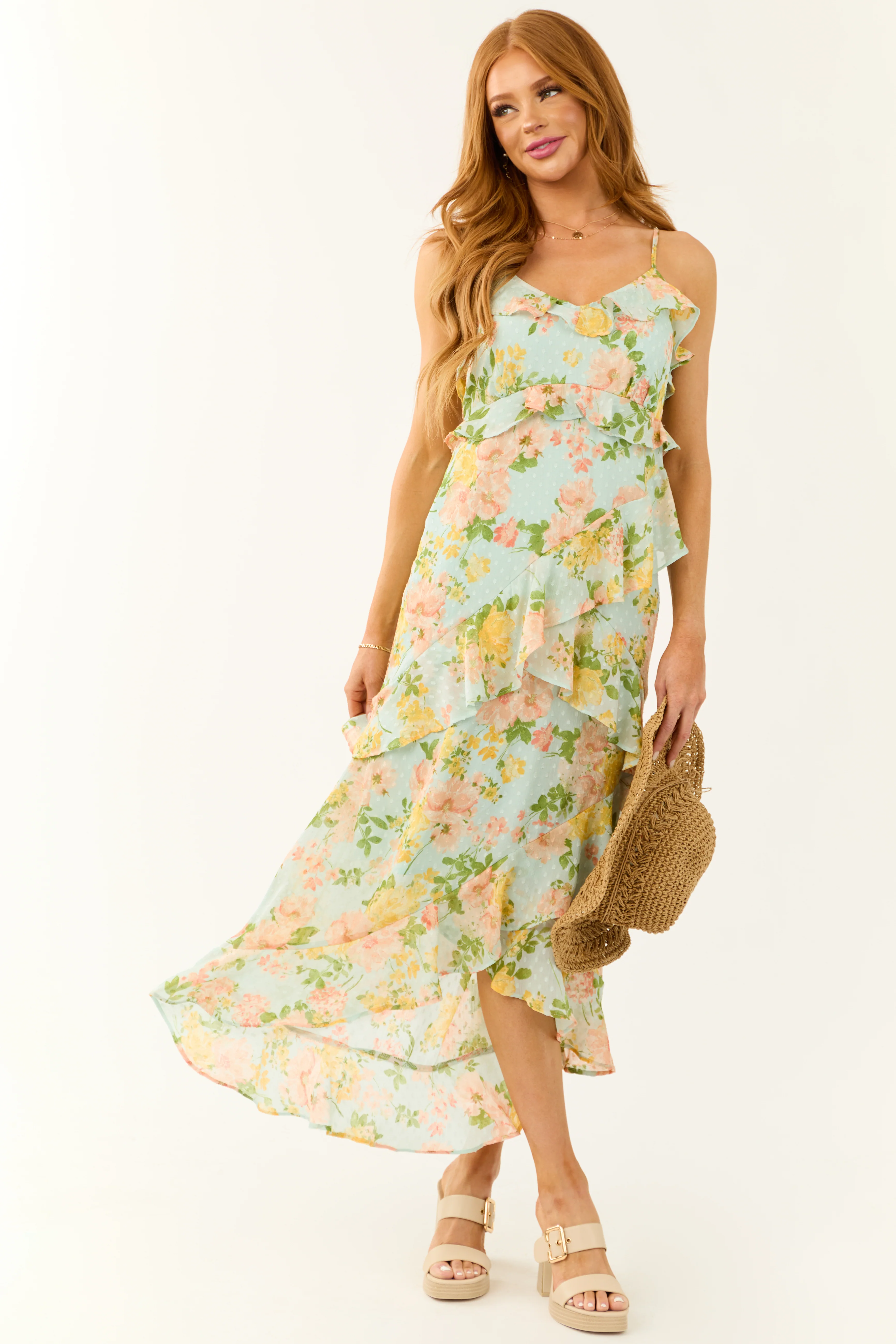 Arctic Blue Floral Clip Dot Ruffle Midi Dress - LD SALE