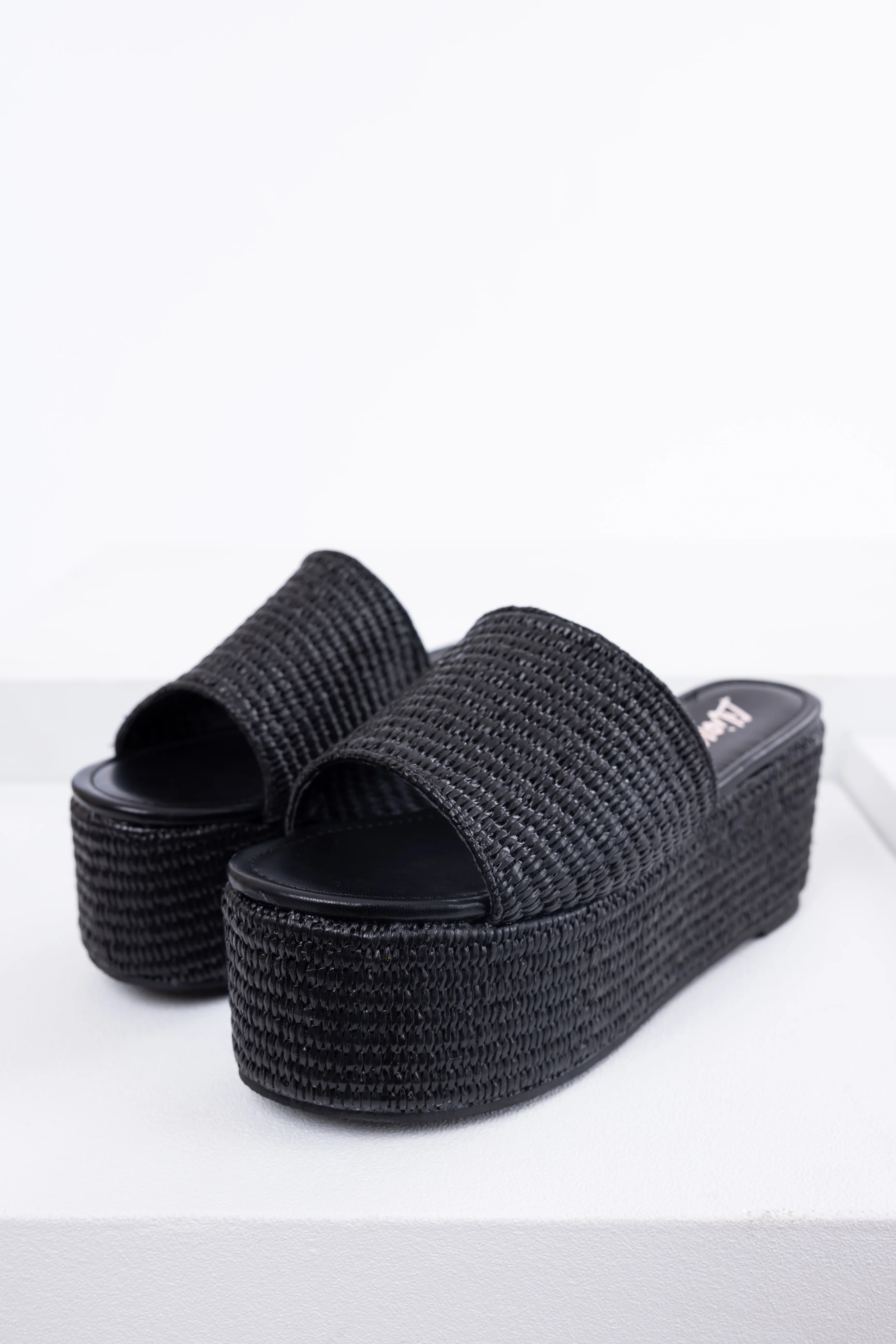 Black Raffia Woven Platform Slide Sandals - LD SALE