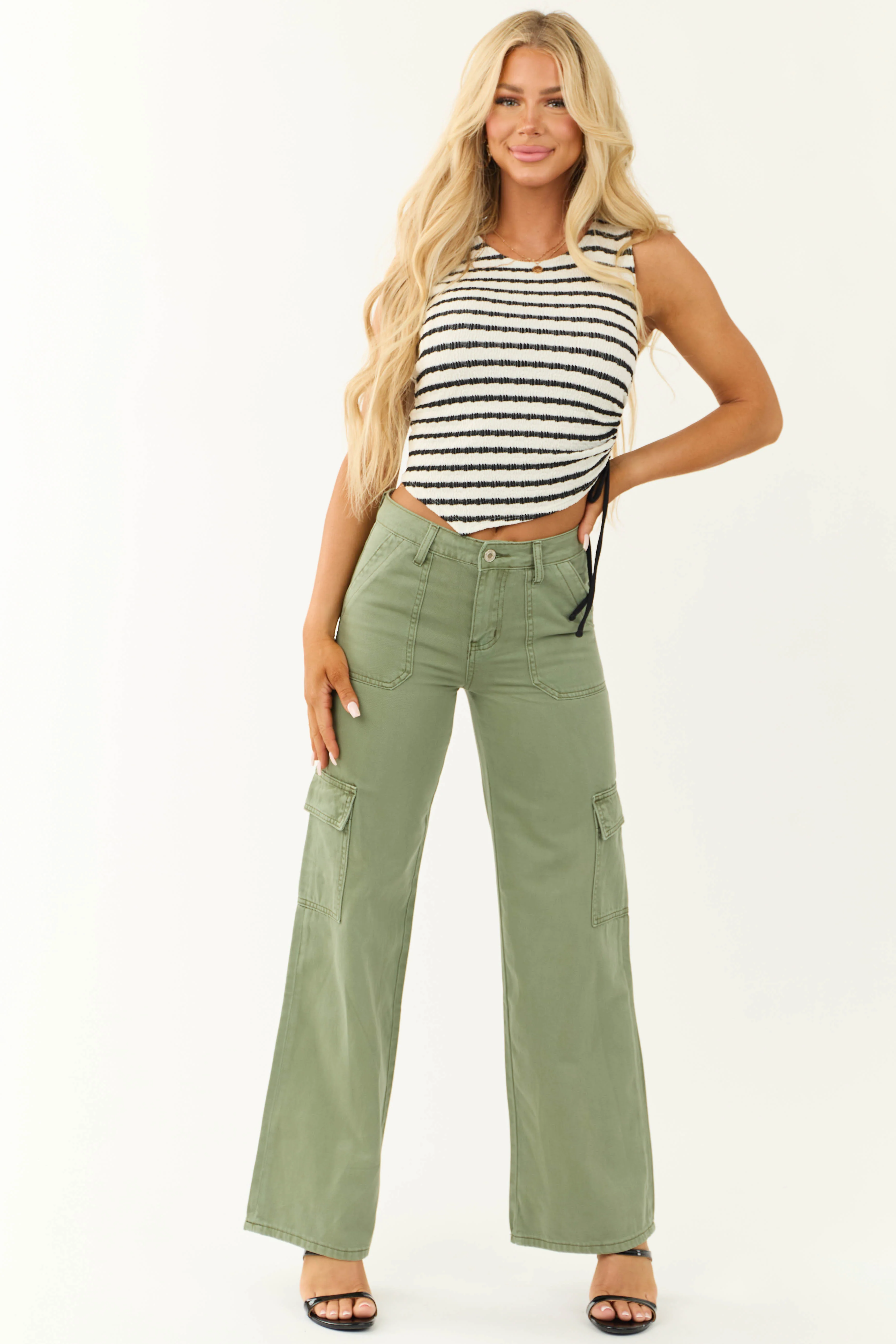 Vervet Olive High Rise Wide Leg Cargo Jeans - LD SALE