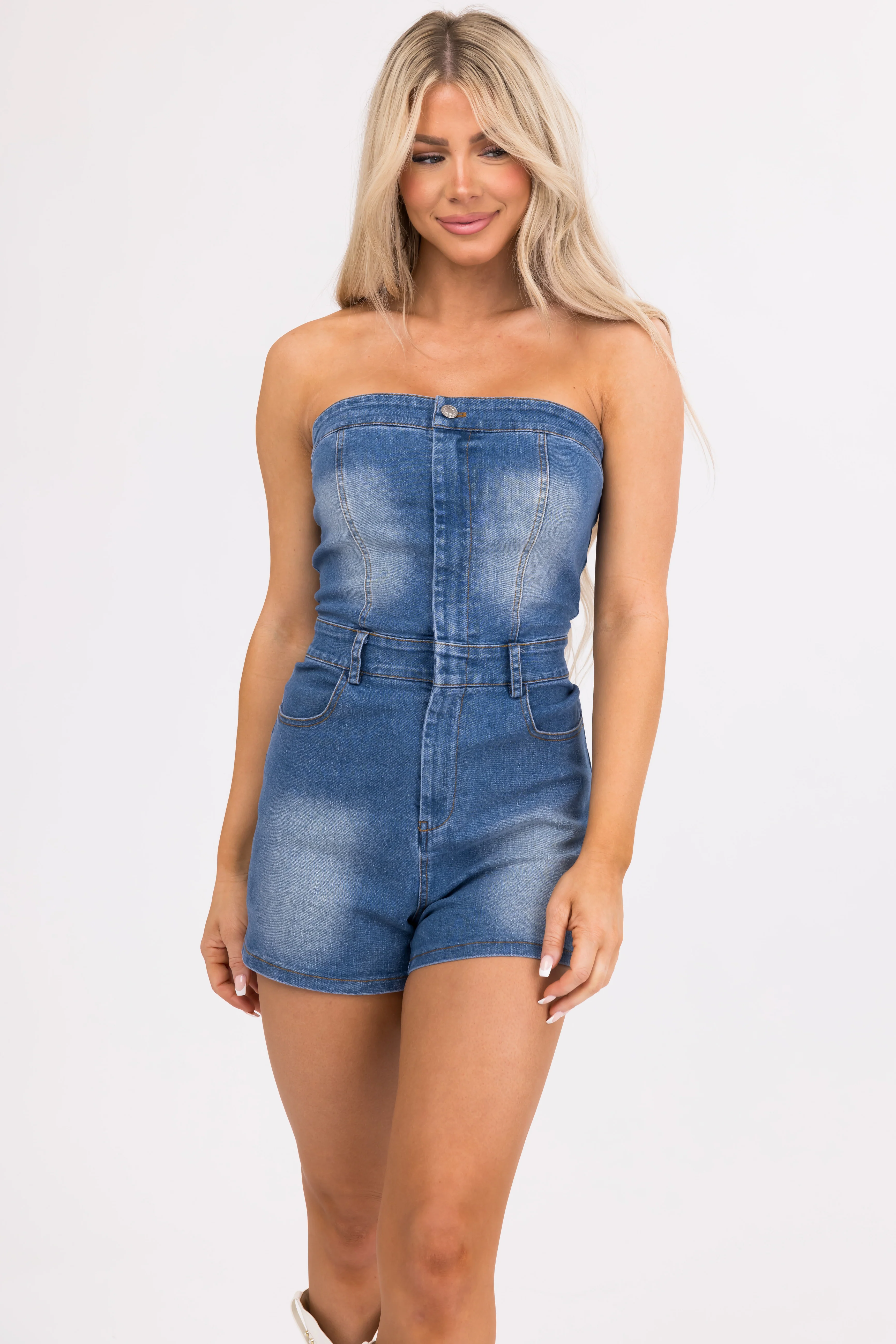Medium Wash Denim Strapless Zip Up Romper - LD SALE