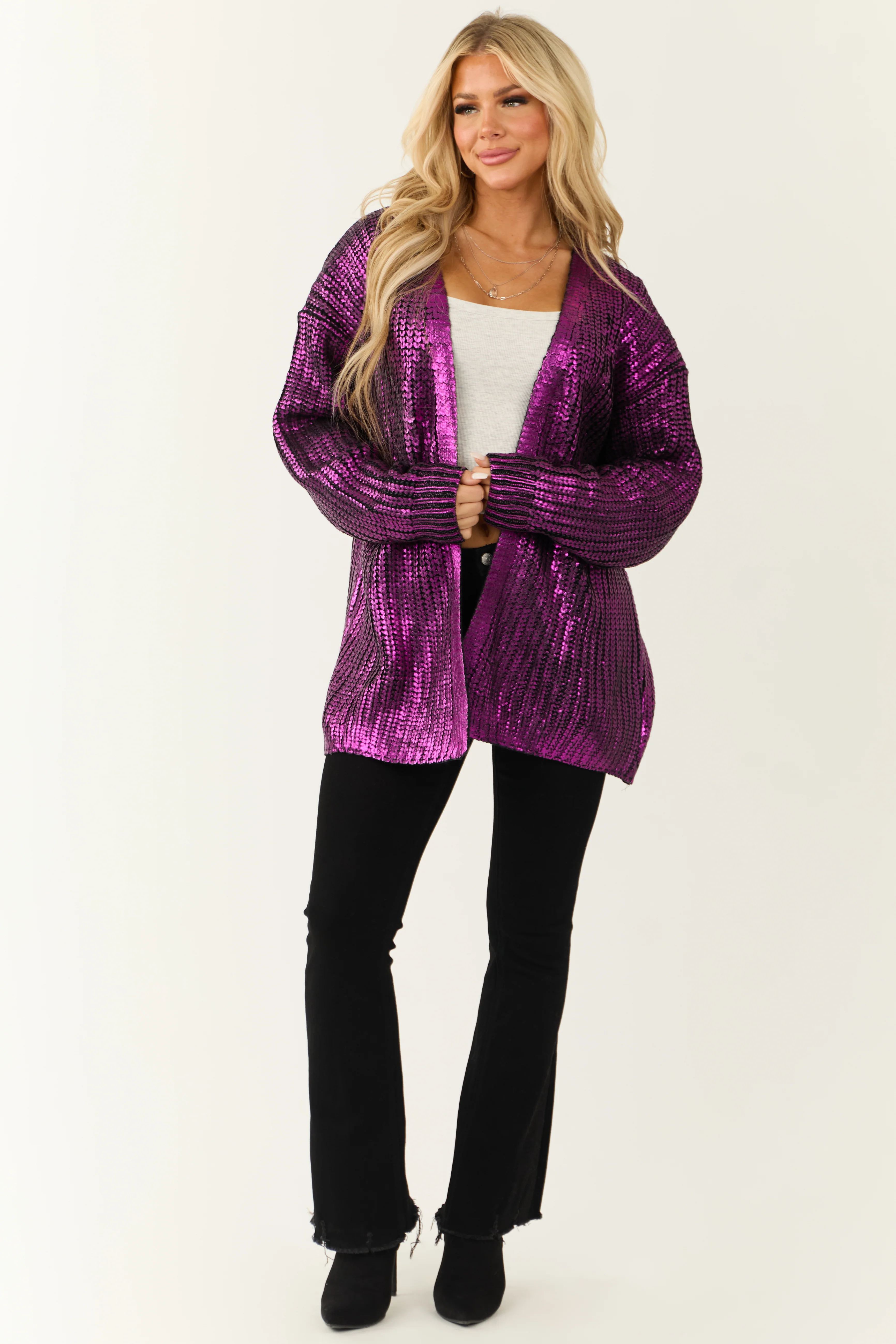 Deep Magenta Open Front Metallic Knit Cardigan - LD SALE
