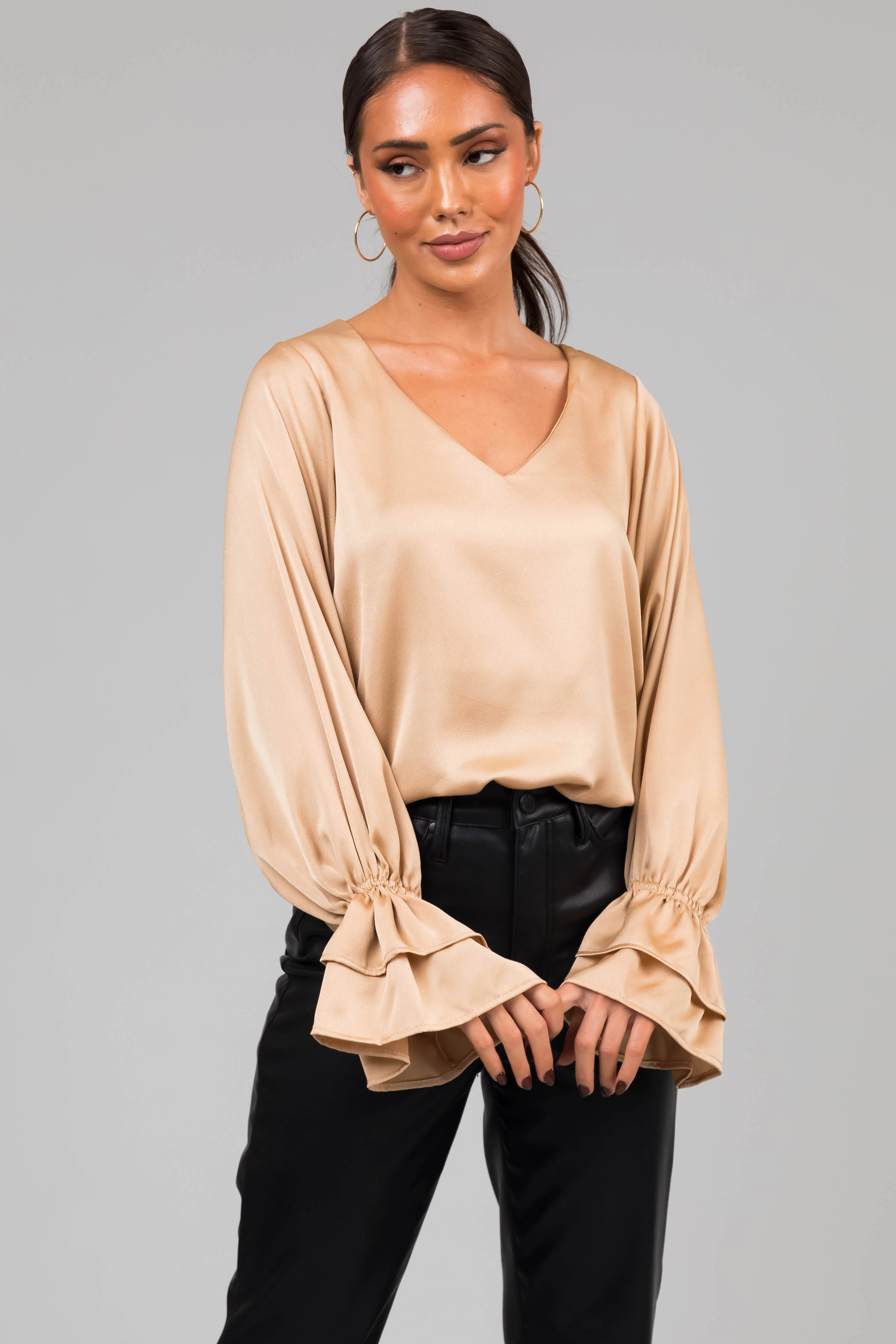 Gold V Neck Ruffle Cuff Satin Blouse - LD SALE