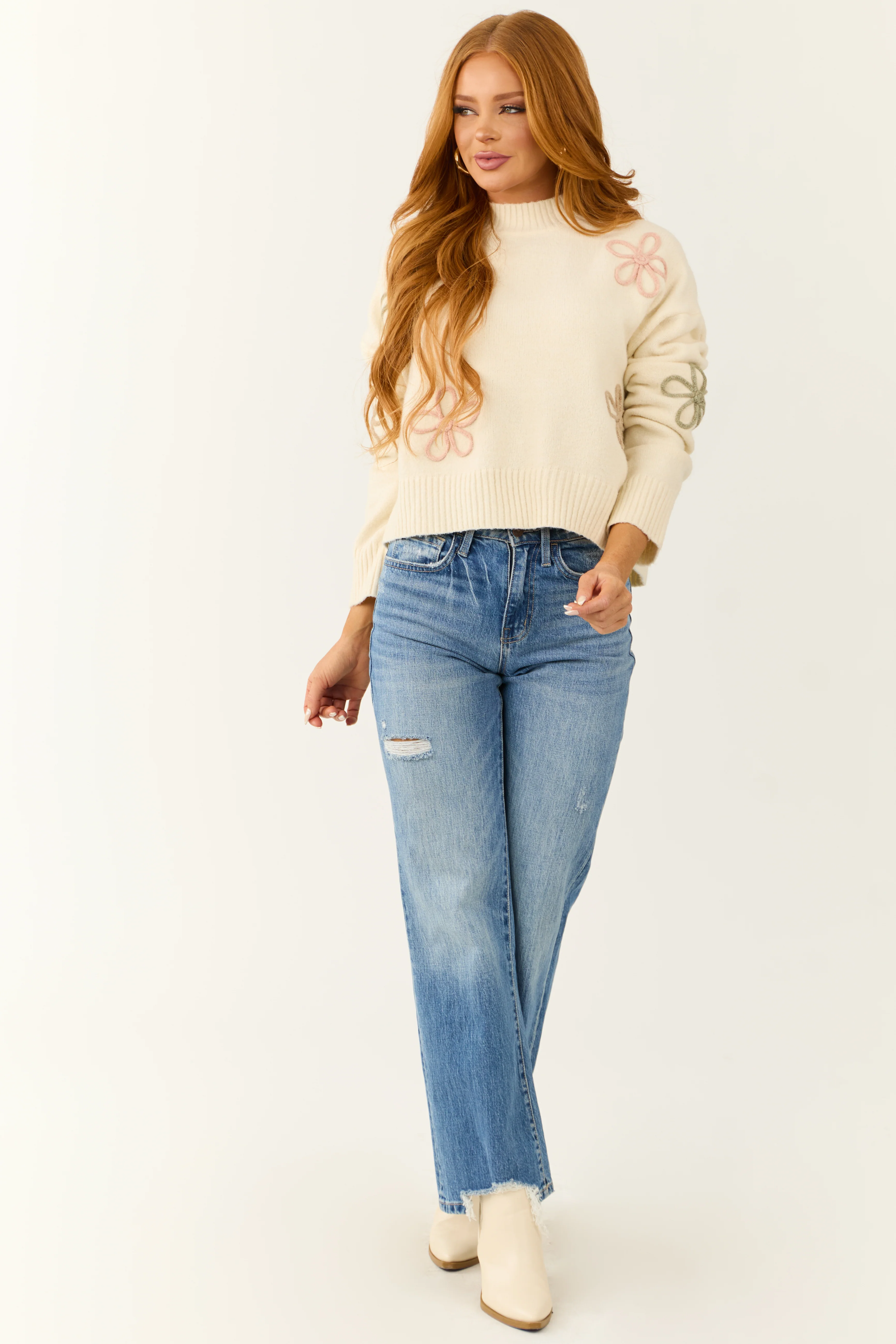 Cream Mock Neck Floral Applique Sweater - LD SALE