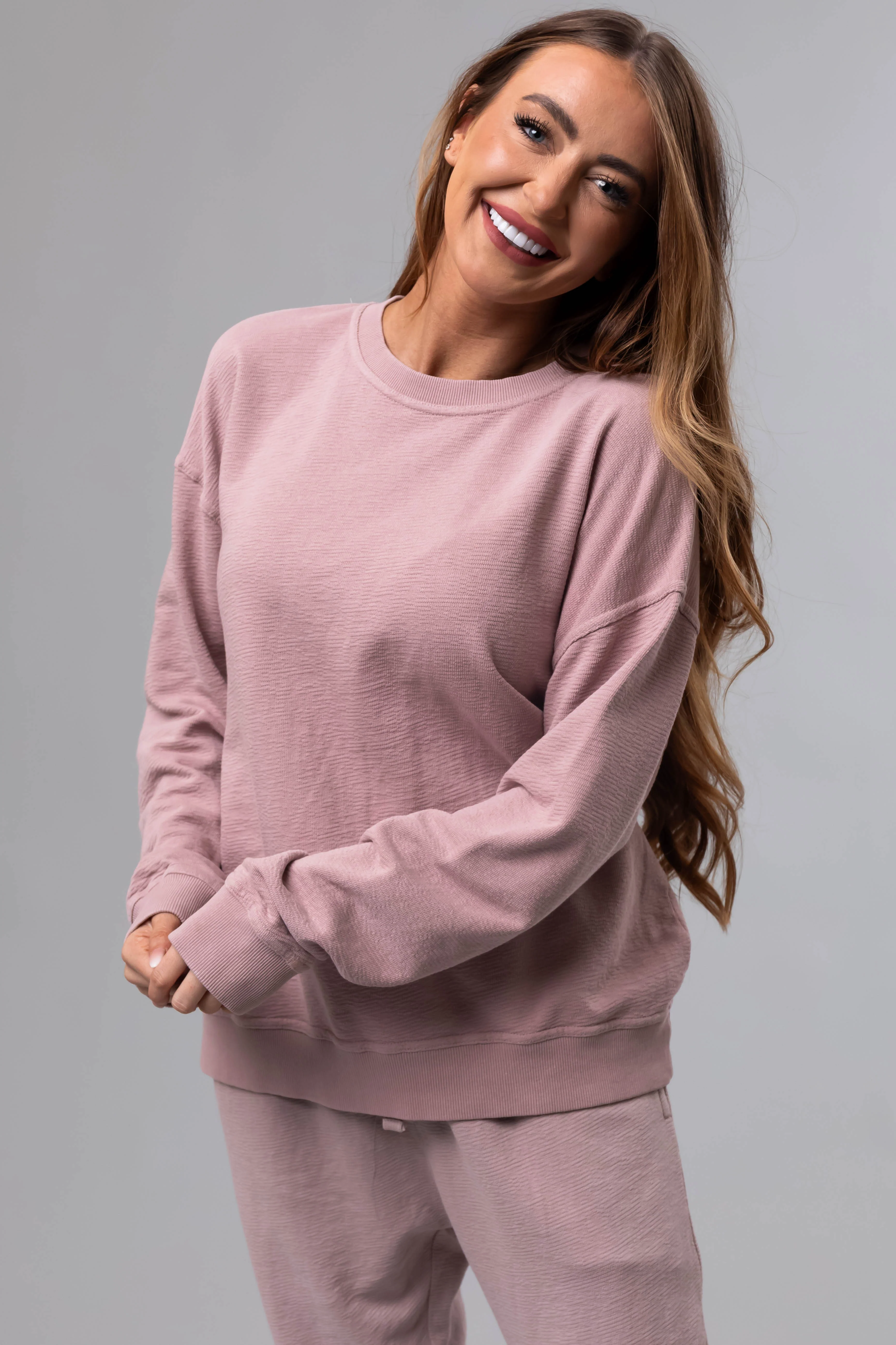 Dusty Blush Textured Cotton Crew Neck Sweatshirt - LD SALE