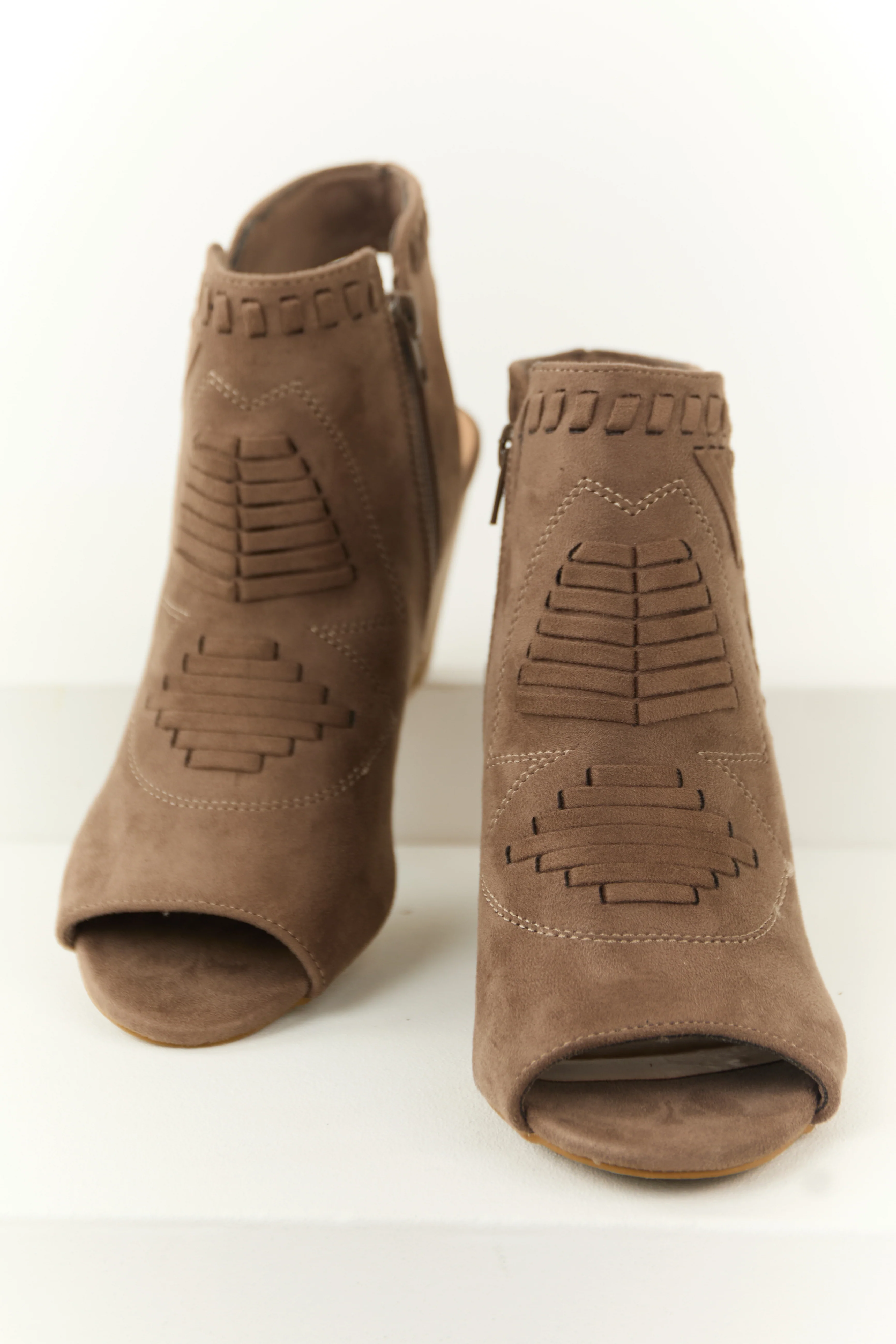 Taupe Faux Suede Open Toe Ankle Heels - LD SALE