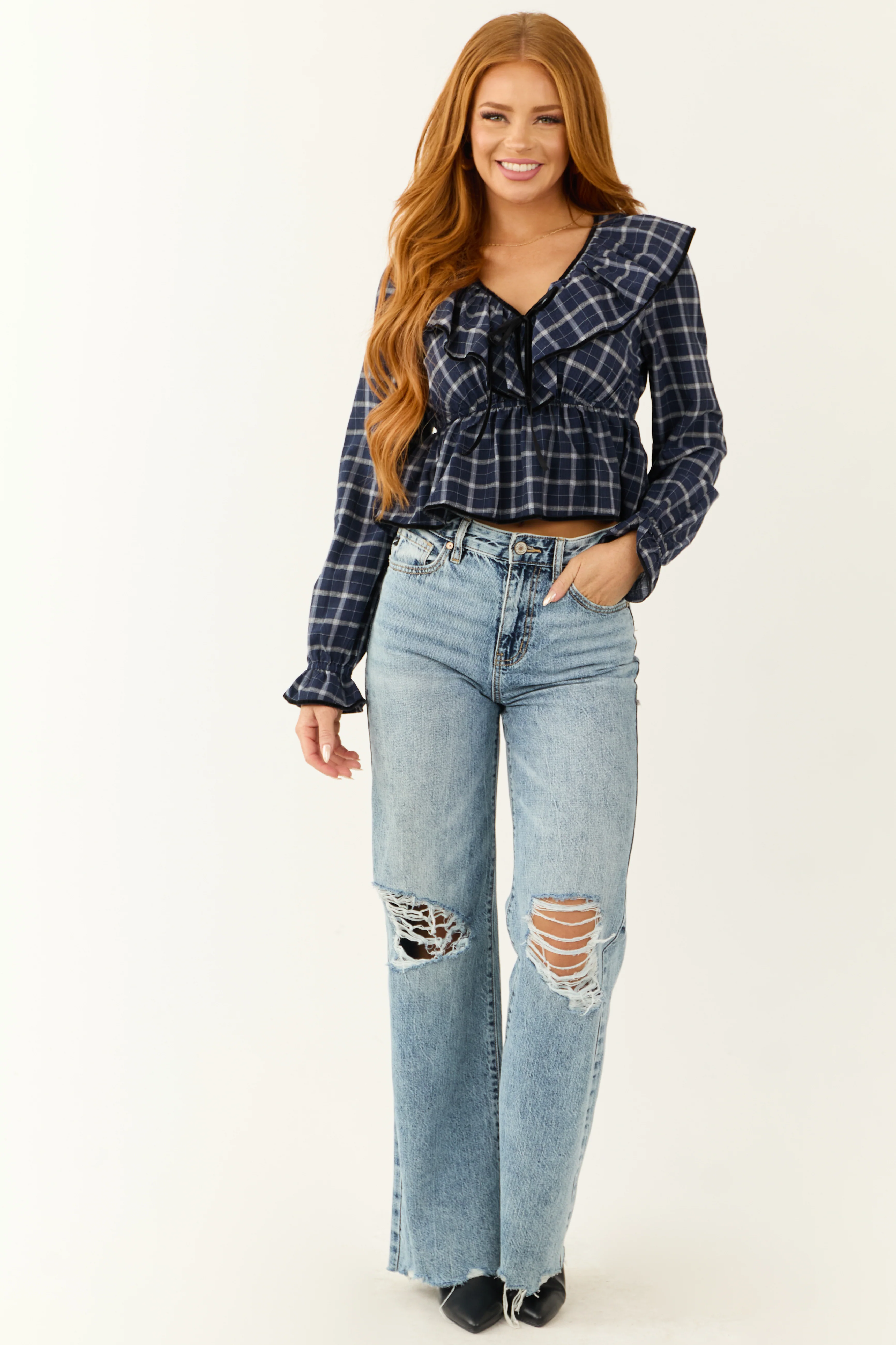 Navy Plaid V Neck Velvet Trim Long Sleeve Top - LD SALE