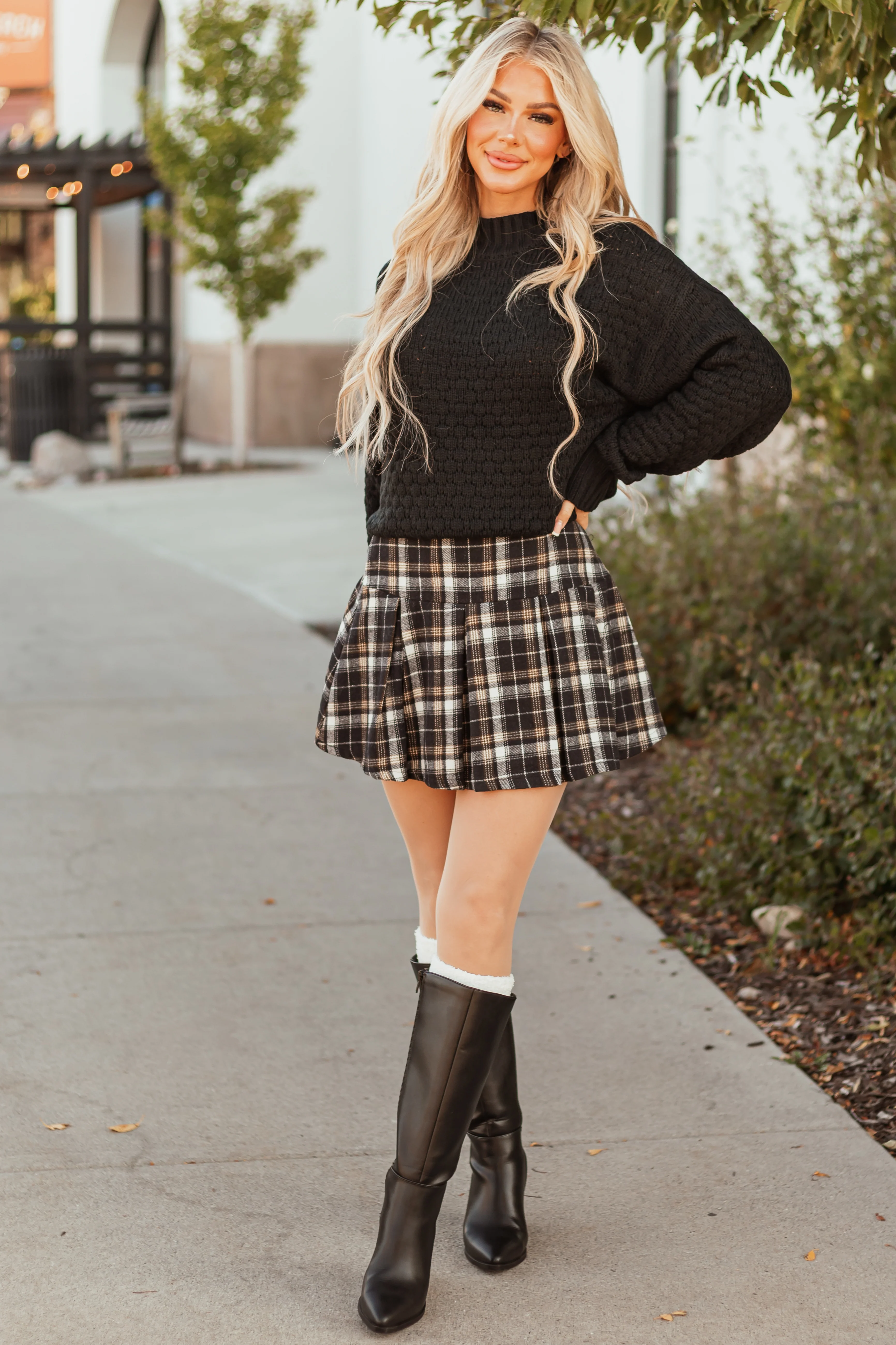 Black and Peanut Plaid Pleated Mini Skirt - LD SALE