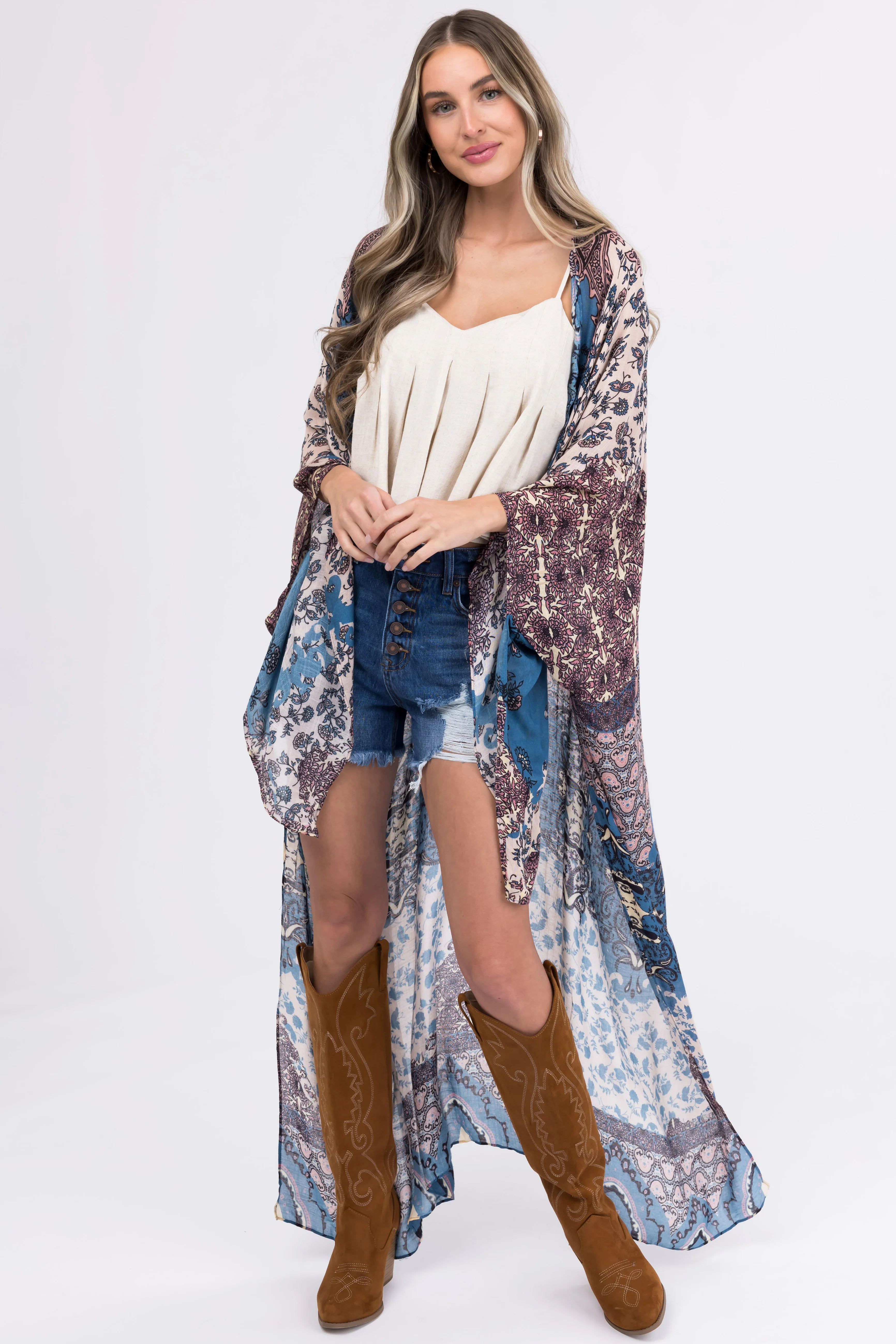 Steel Blue Abstract Floral Print Long Kimono - LD SALE