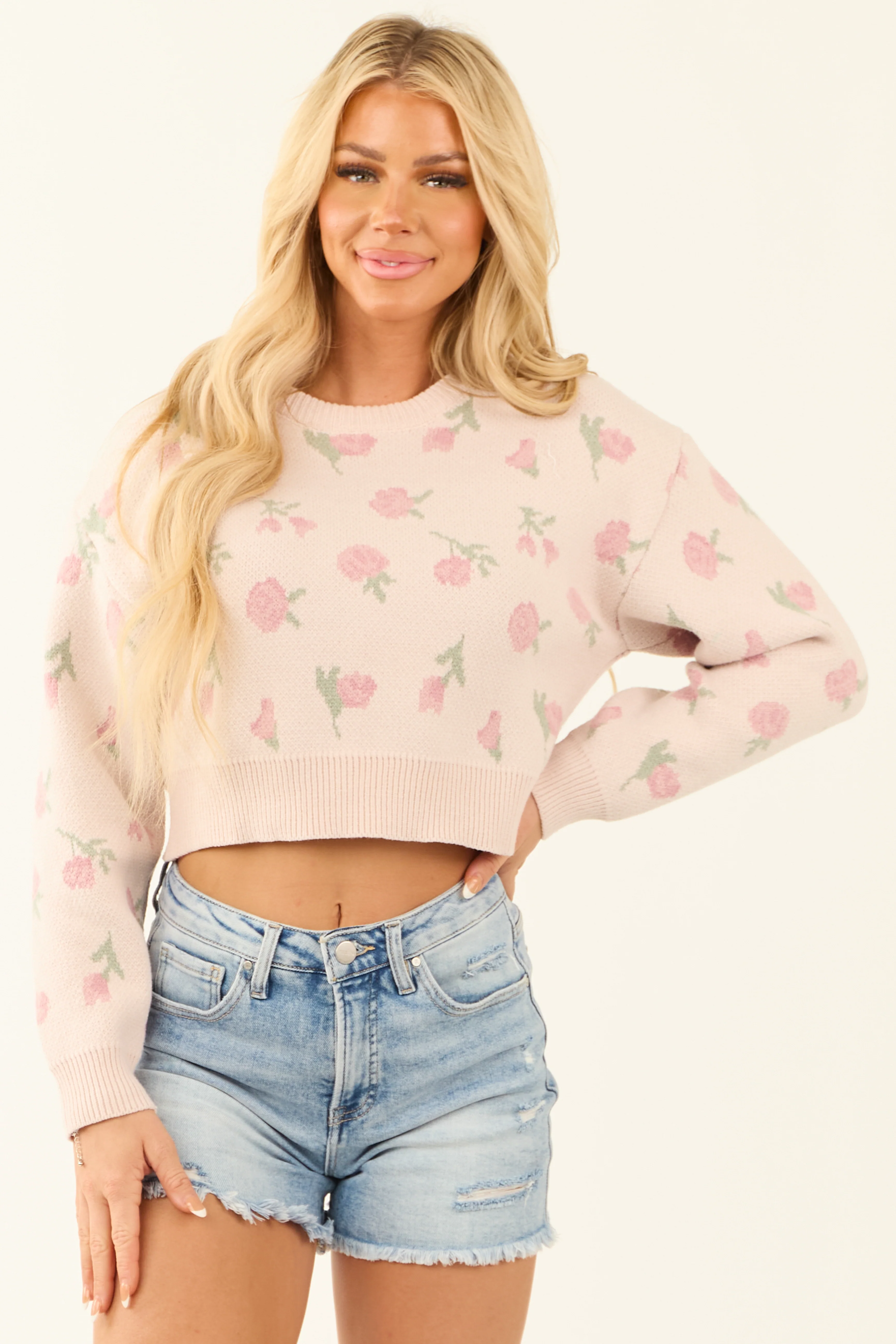 Dusty Blush Floral Print Slight Crop Sweater - LD SALE