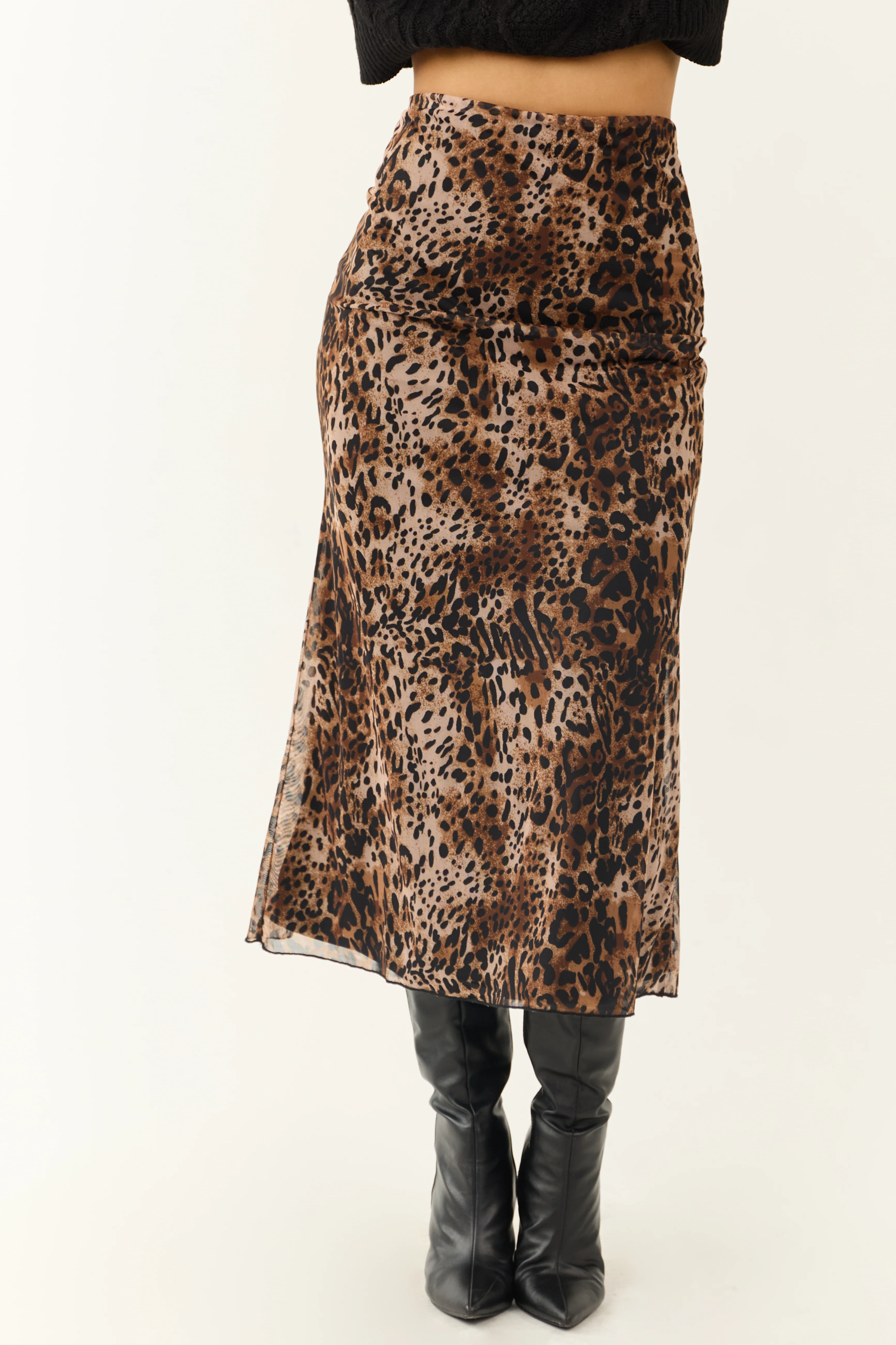 Camel and Black Leopard Print Midi Skirt - LD SALE