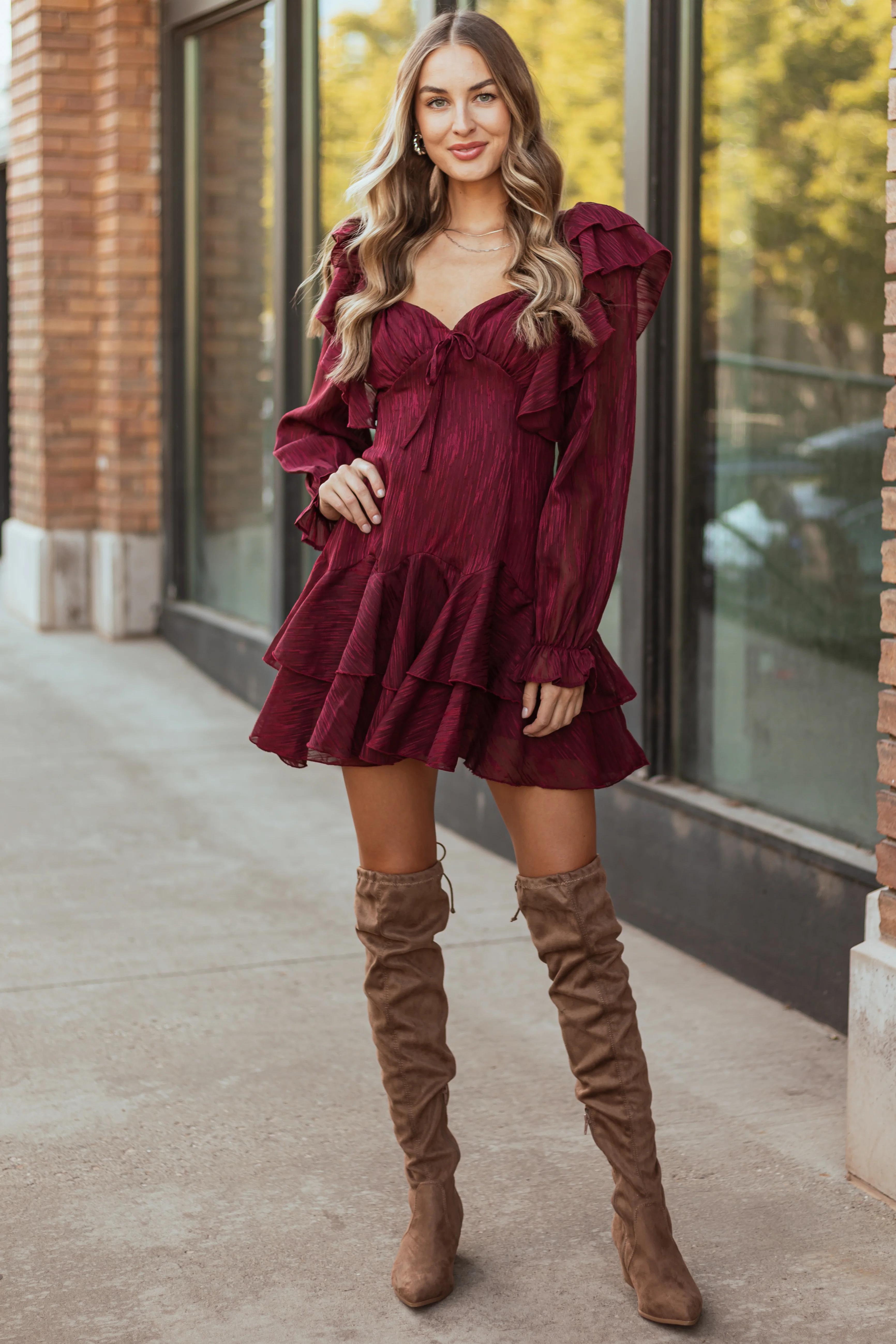 Maroon Sweetheart Neck Long Sleeve Short Dress - LD SALE