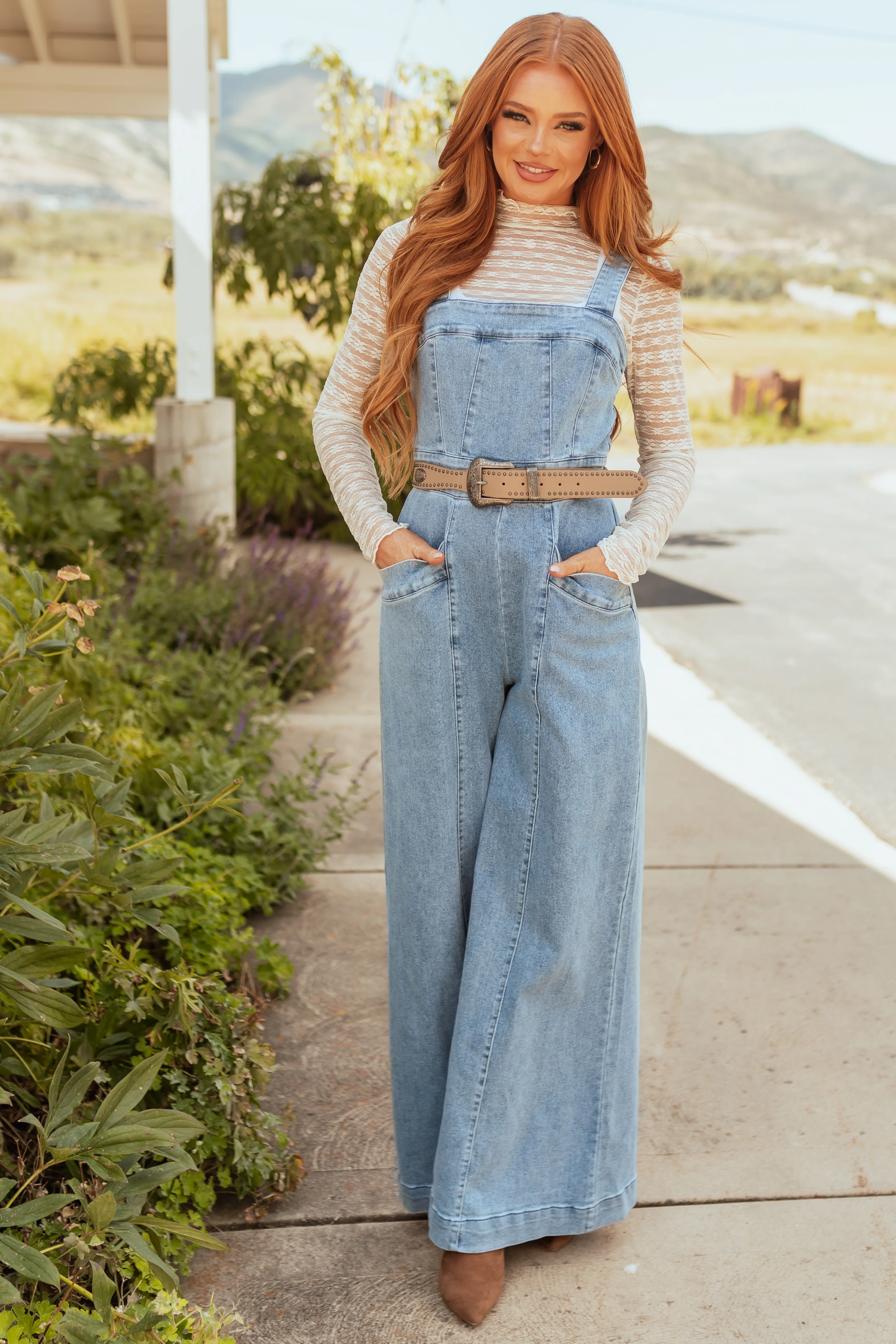 Medium Wash Denim Wide Leg Jumpsuit - LD SALE