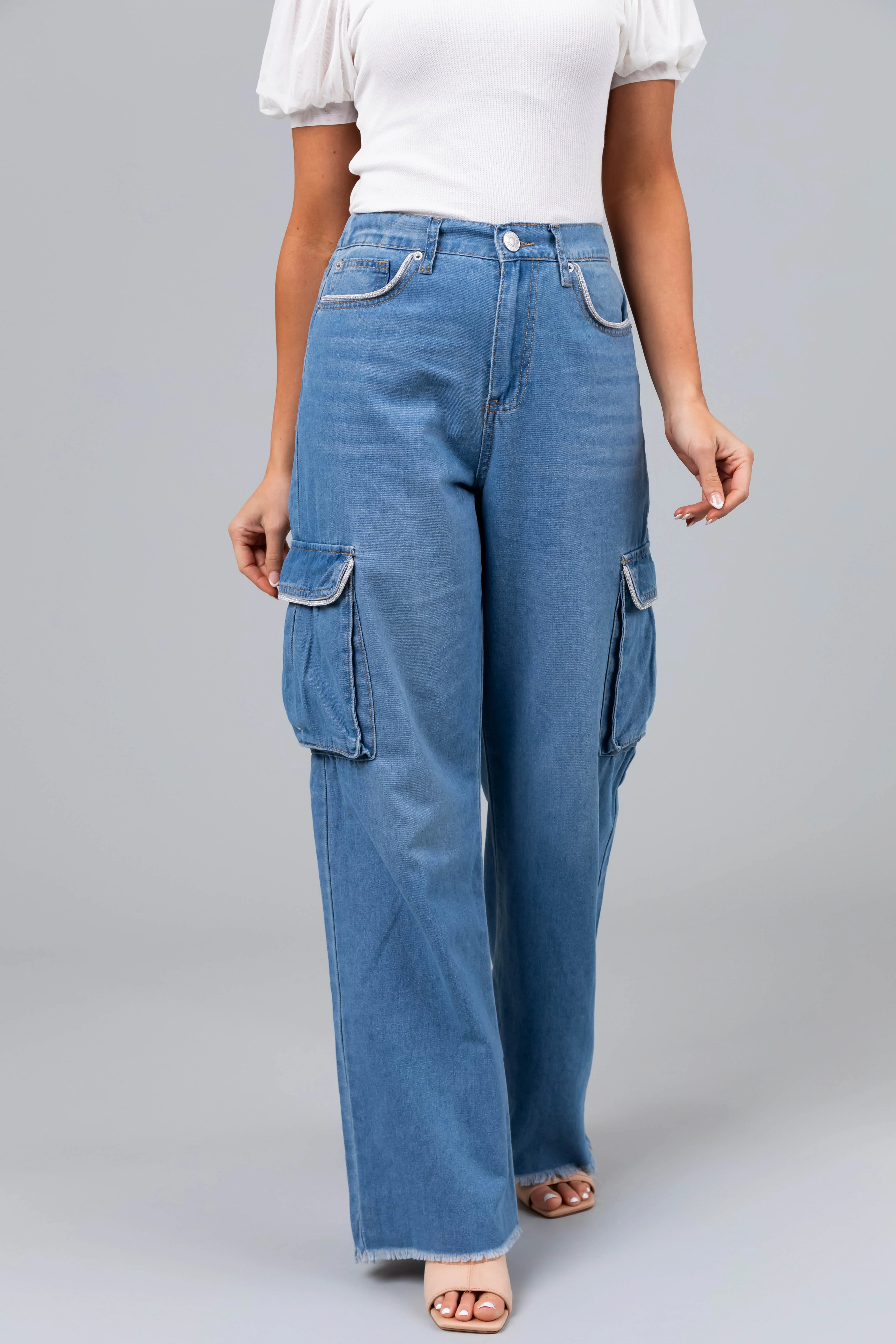 Boom Boom Light Wash Rhinestone Cargo Jeans - LD SALE