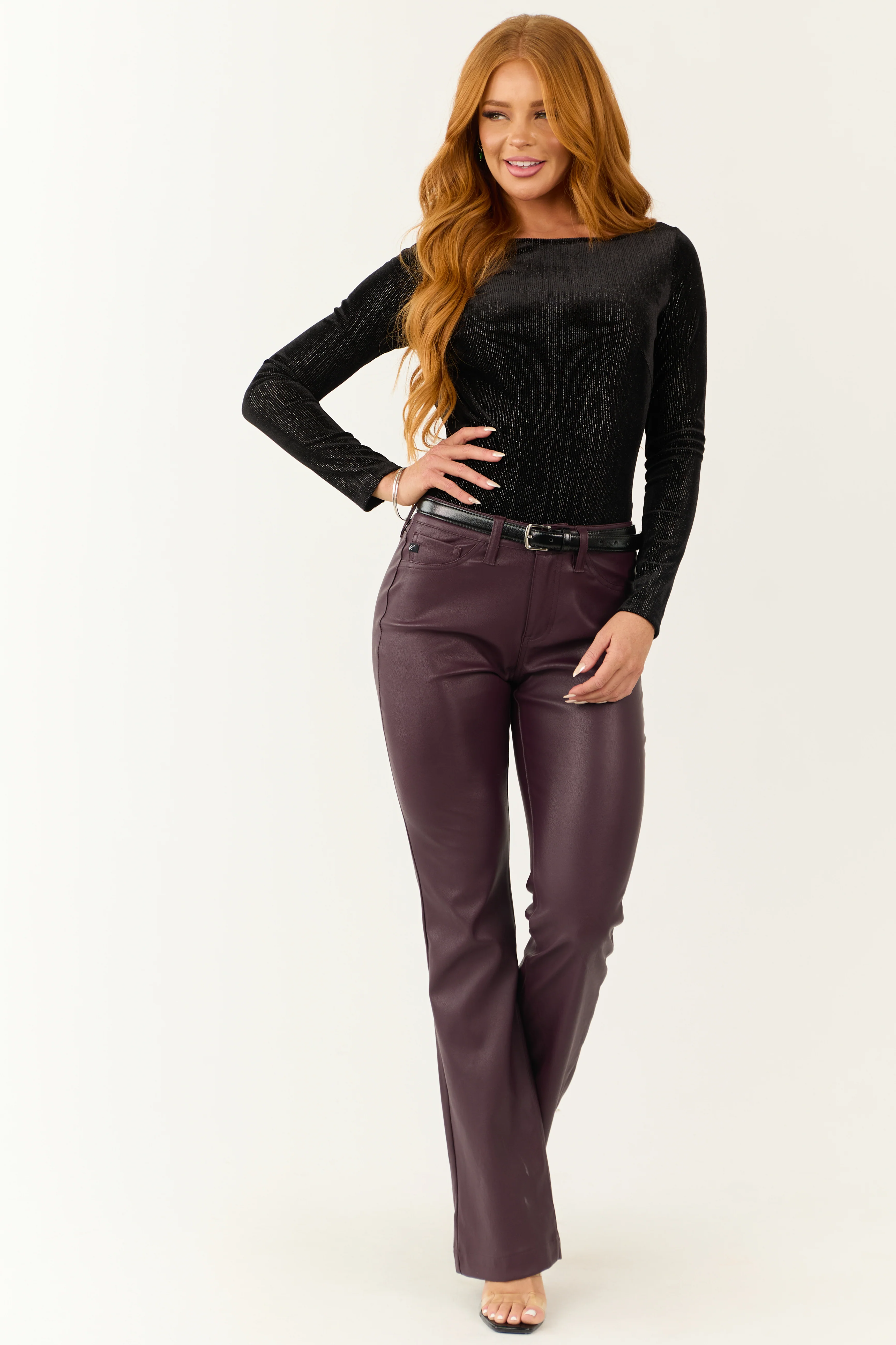 Black Velvet Scoop Back Long Sleeve Bodysuit - LD SALE