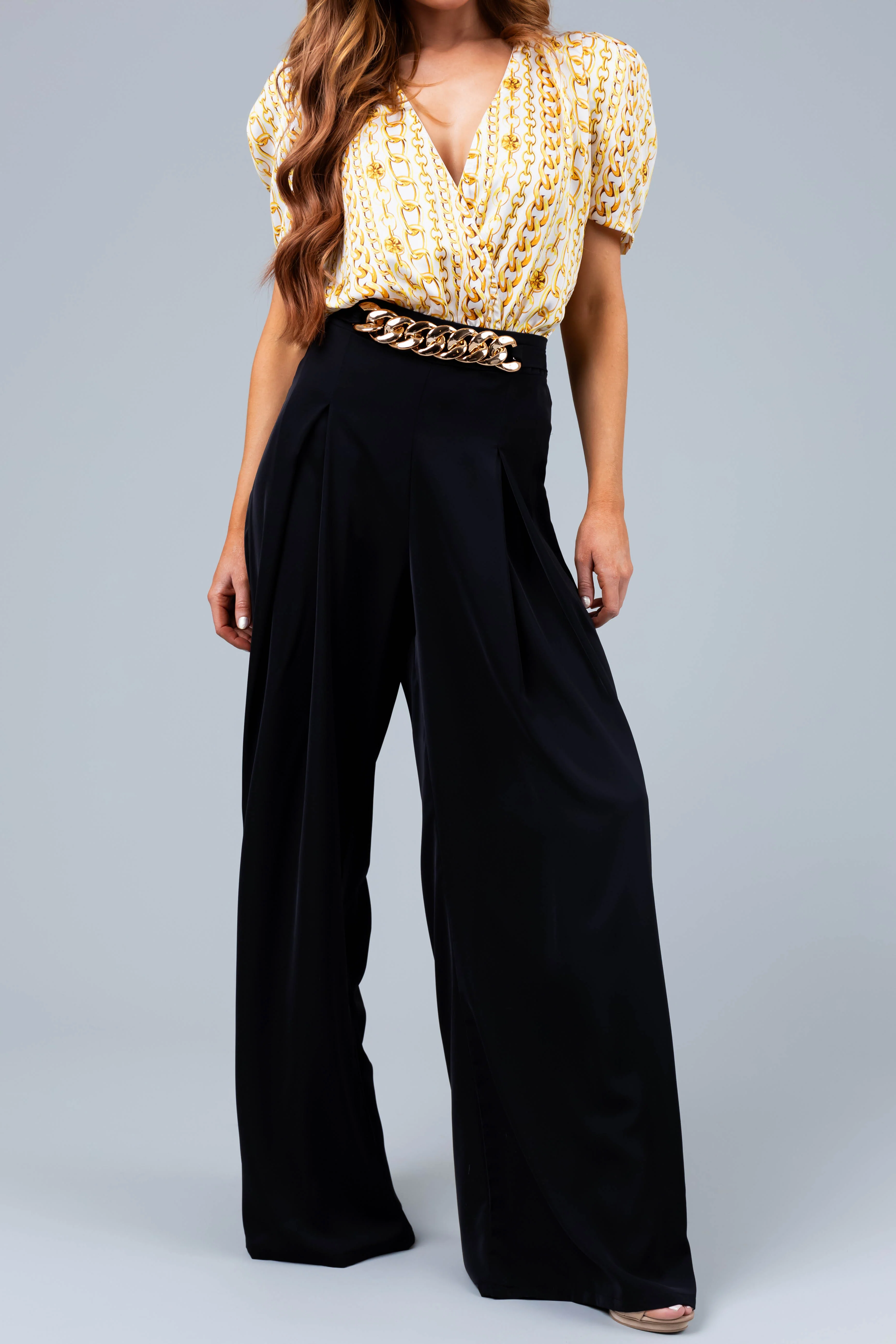 Black Flowy Wide Leg Gold Chain Pants - LD SALE