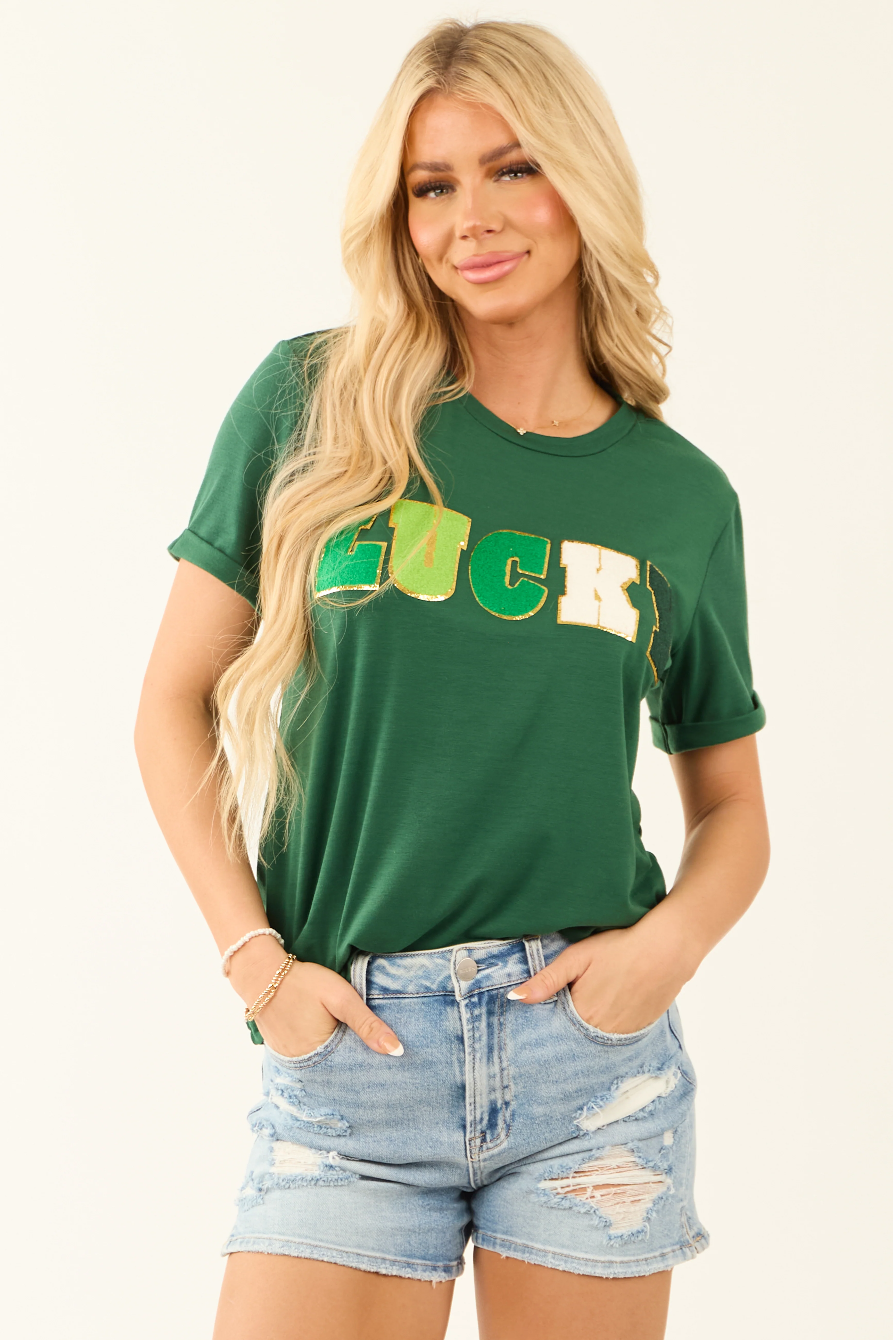 Hunter Green Textured 'Lucky' Short Sleeve Top - LD SALE