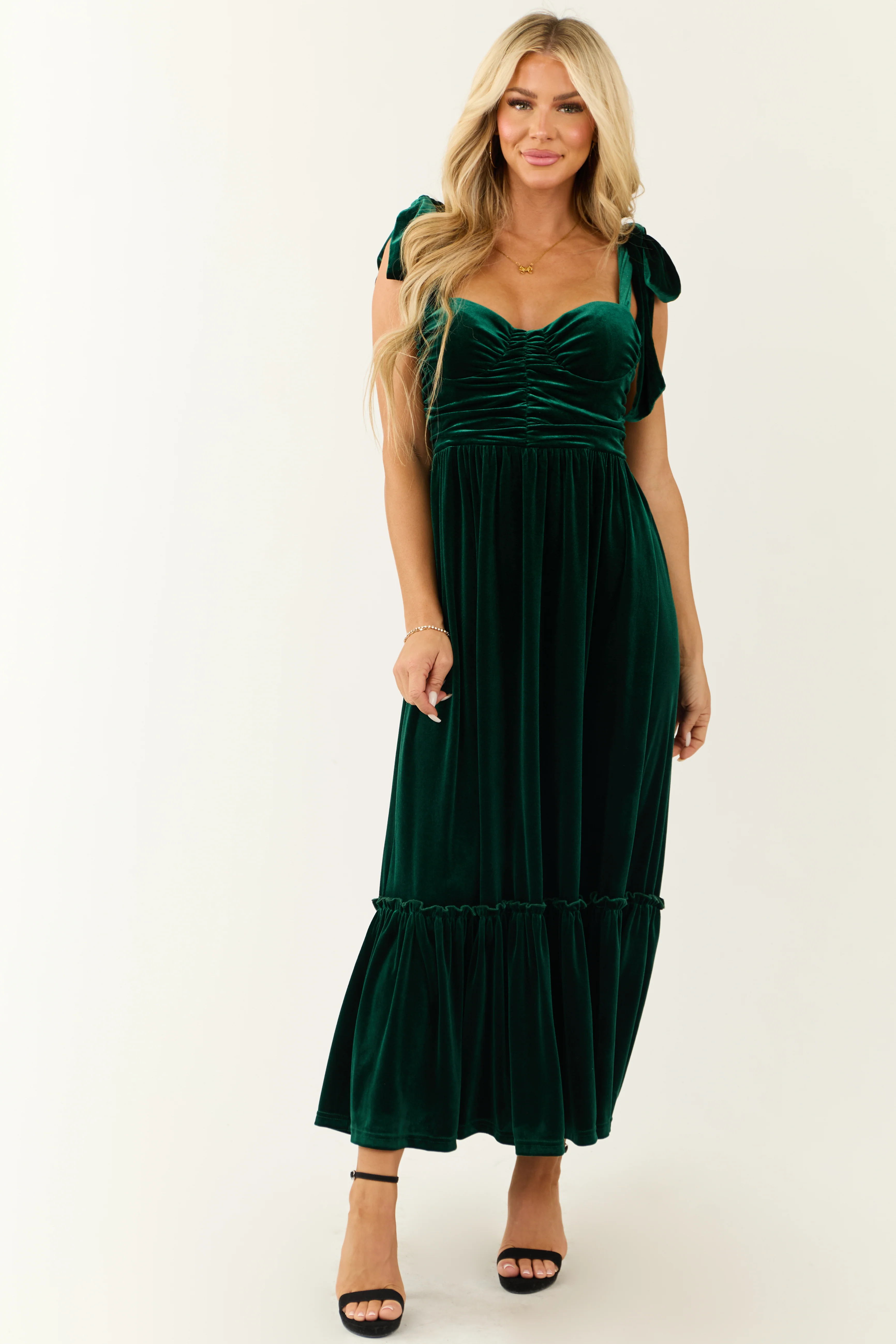 Deep Pine Velvet Tie Straps Ruched Maxi Dress - LD SALE