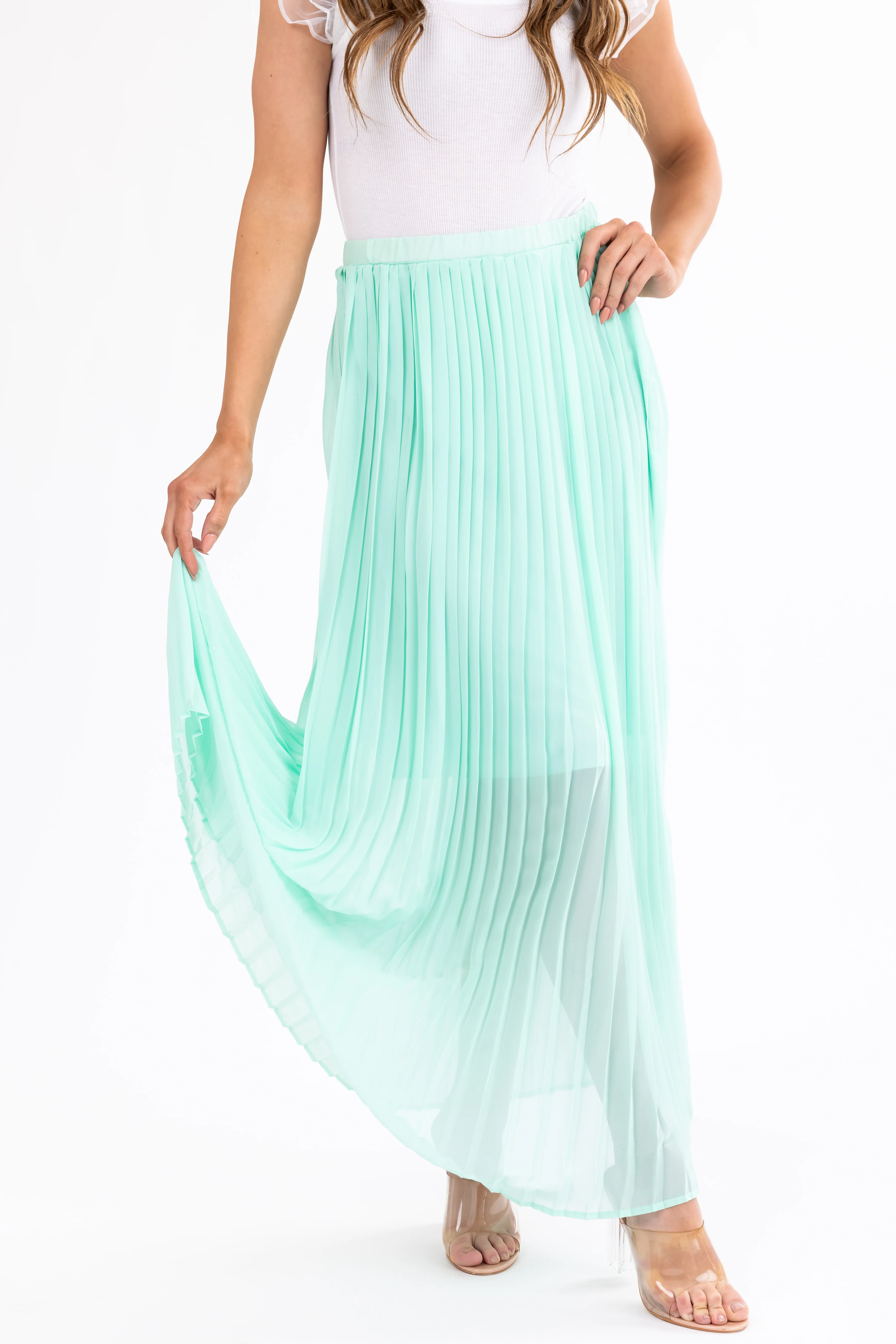 Seafoam Pleated Chiffon Elastic Waist Maxi Skirt - LD SALE