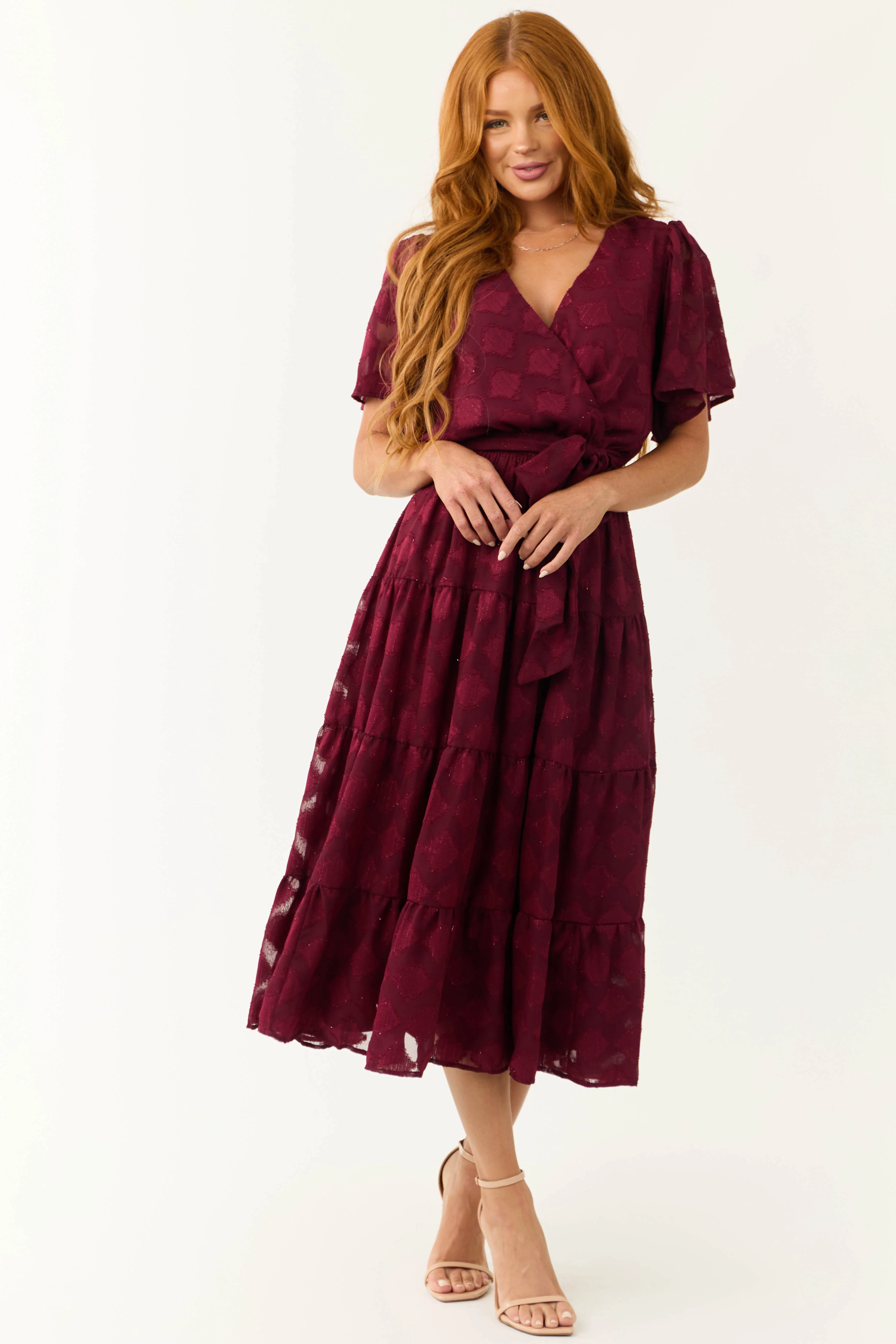 Flying Tomato Maroon Flutter Sleeve Textured Dress - LD SALE