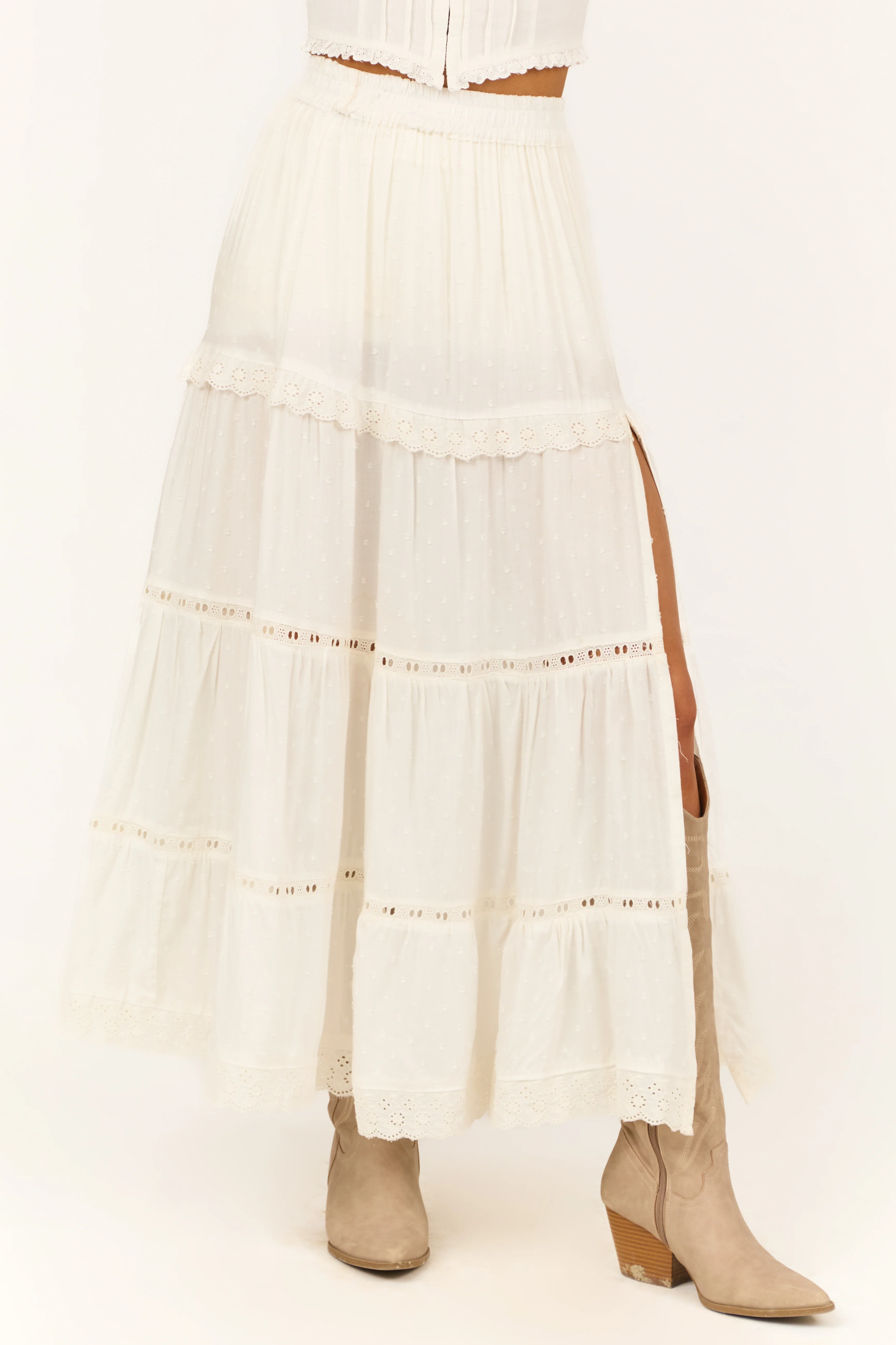 Ivory Swiss Dot Front Slit Tiered Maxi Skirt - LD SALE