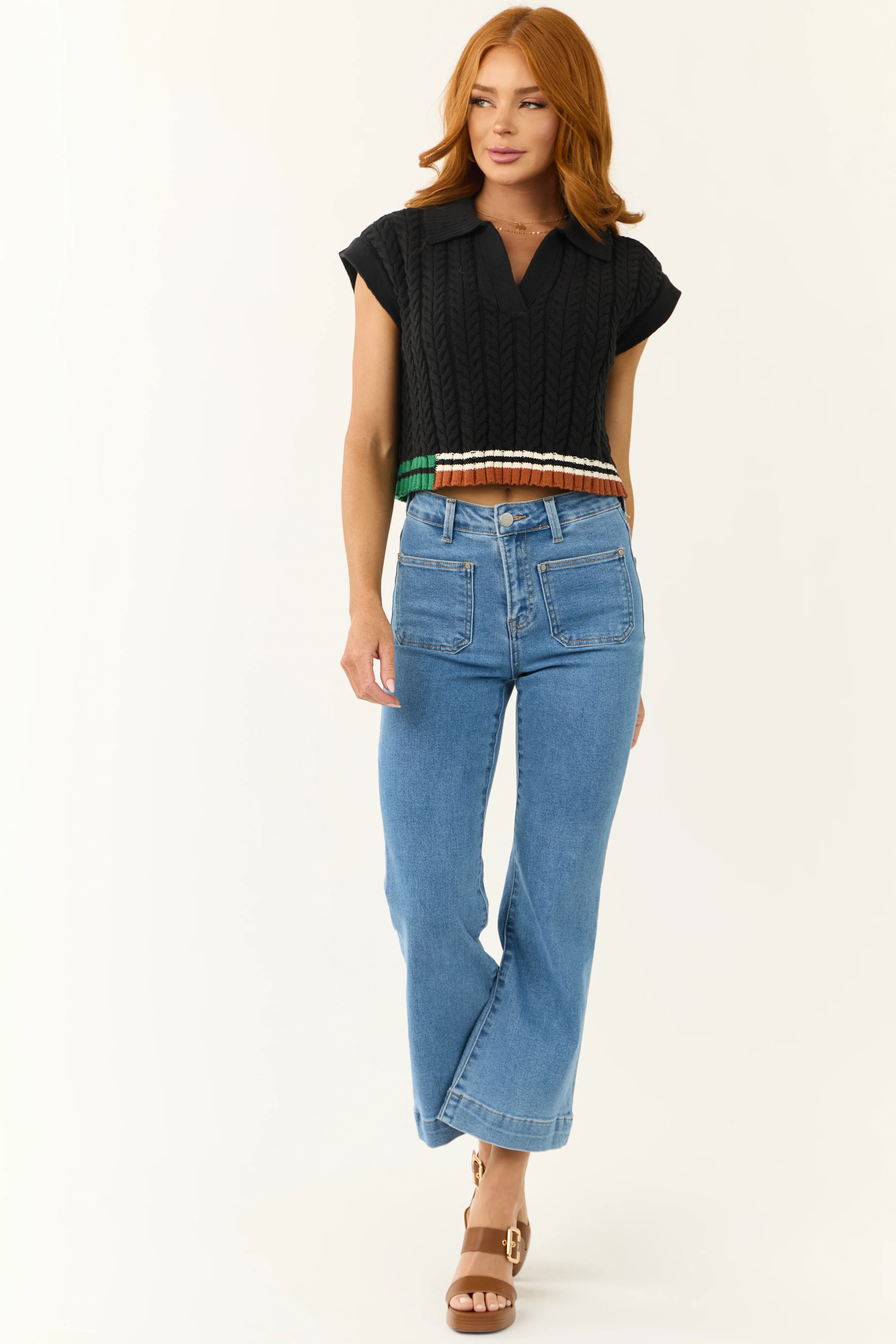 Black Contrast Hem Cropped Sweater Top - LD SALE