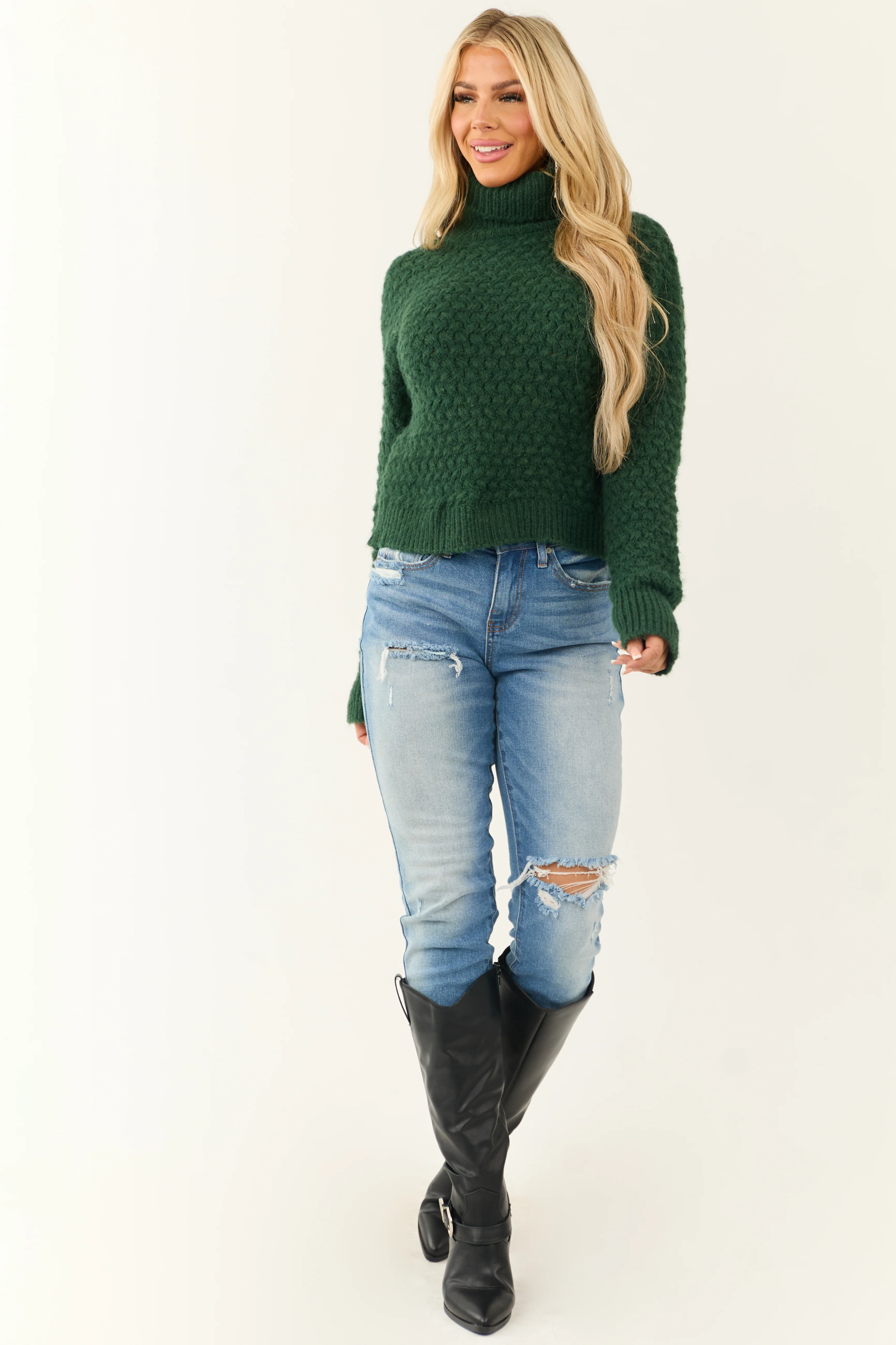 Dark Pine Textured Long Sleeve Turtleneck Sweater - LD SALE