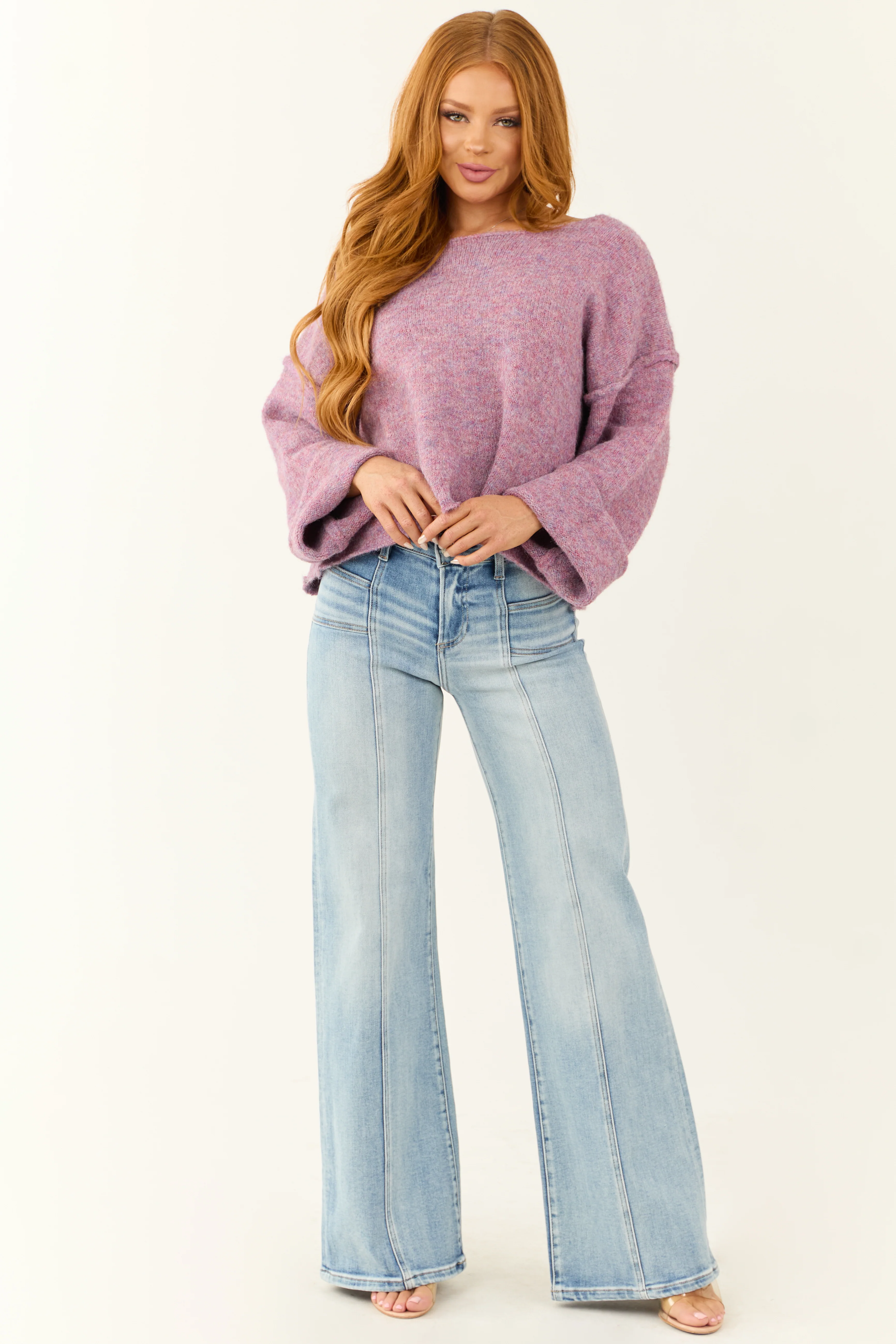 Mauve Melange Knit Boat Neck Wide Sleeve Sweater - LD SALE