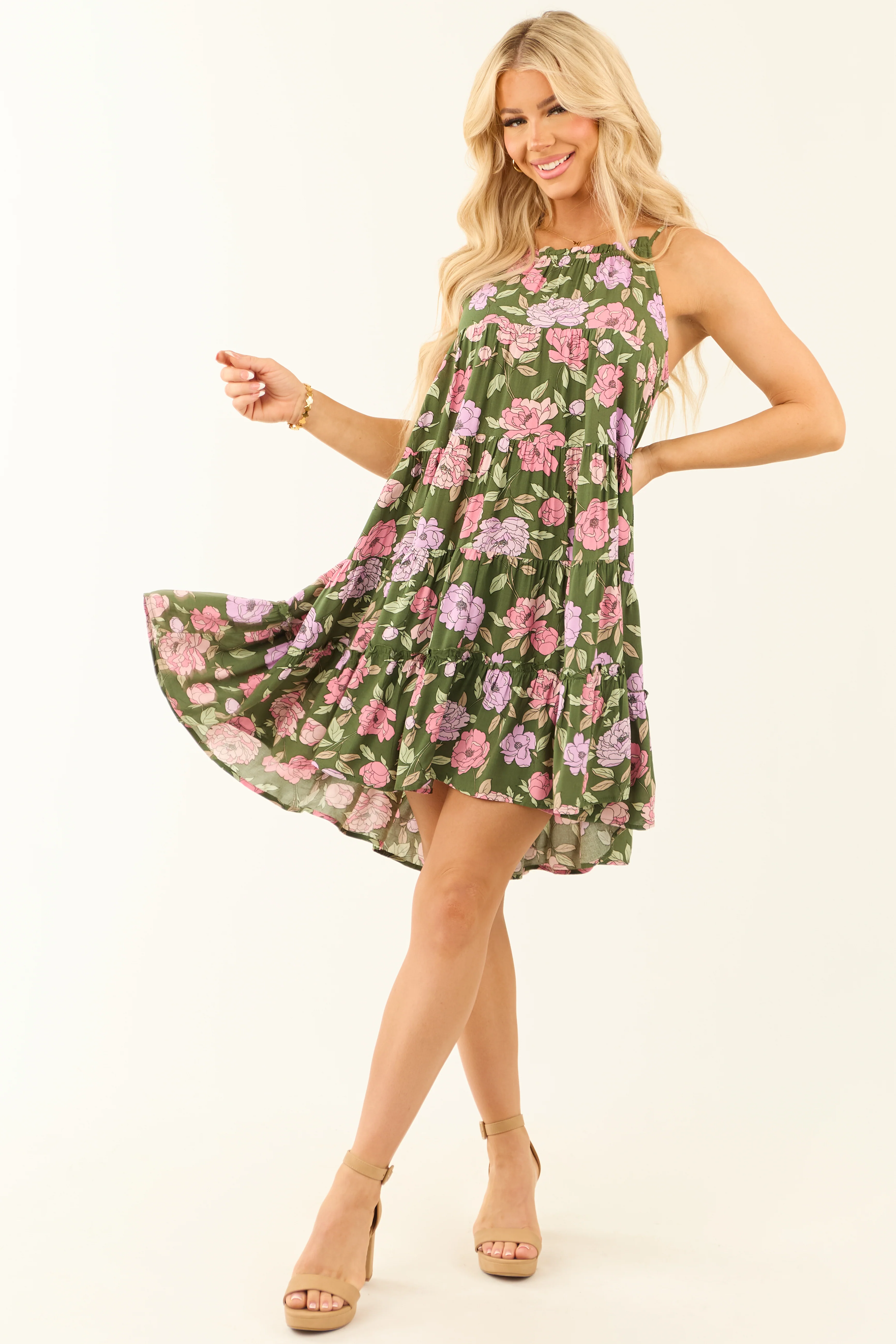Hunter Green Floral Print Halter Short Dress - LD SALE