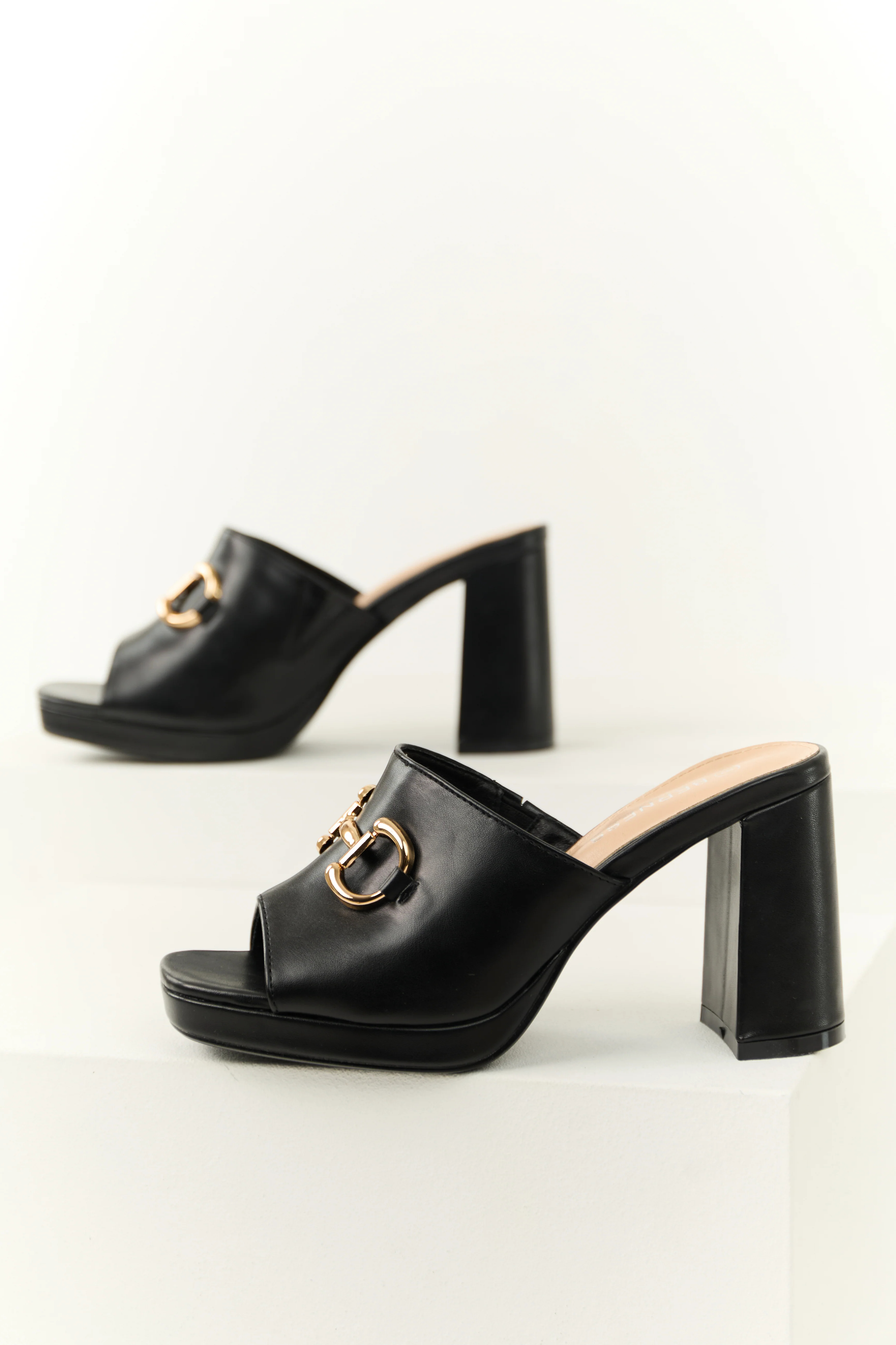 Black Slip On Gold Buckle Strap Block Heels - LD SALE