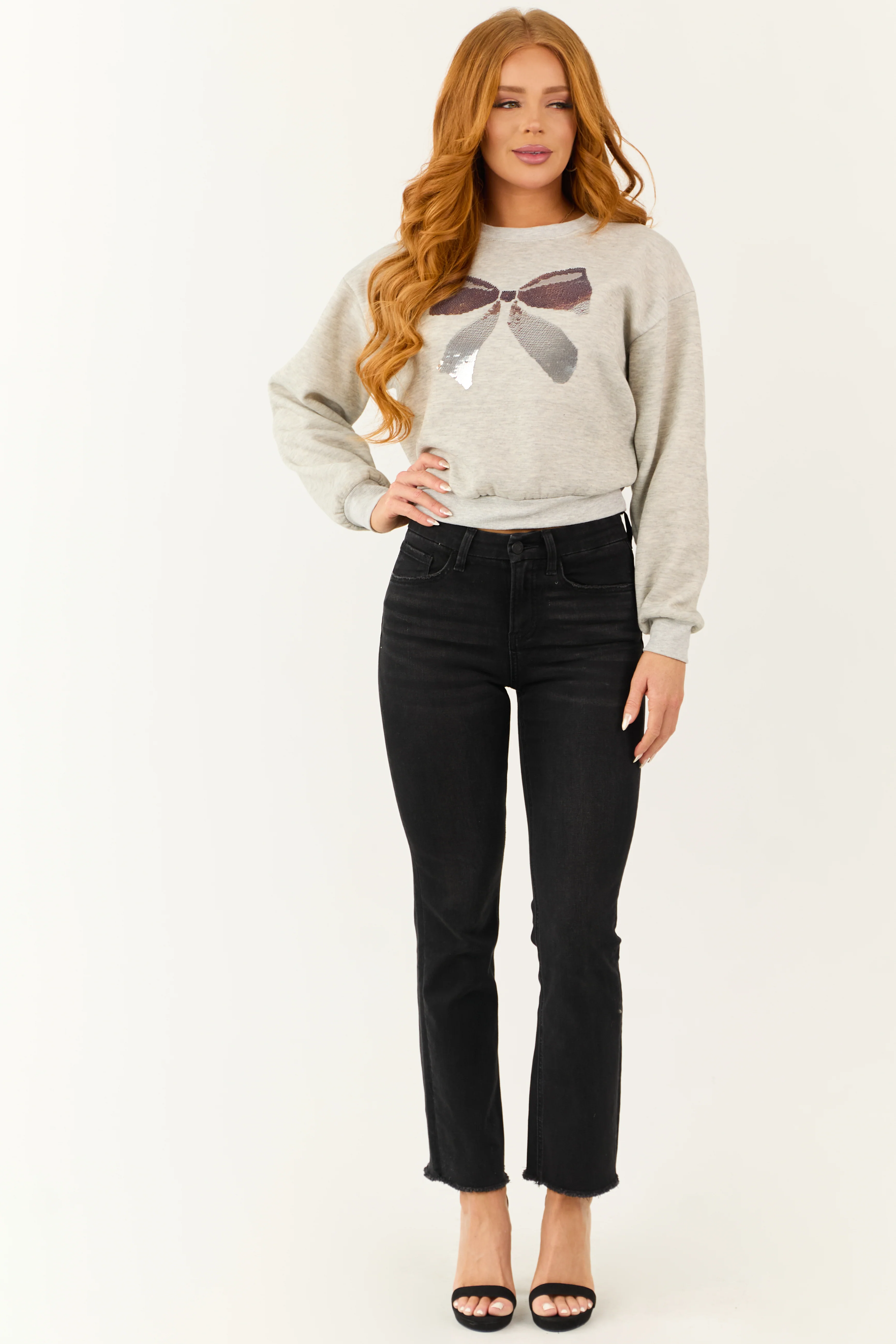 Heather Grey Reversible Sequin Bow Graphic Sweatshirt - LD SALE