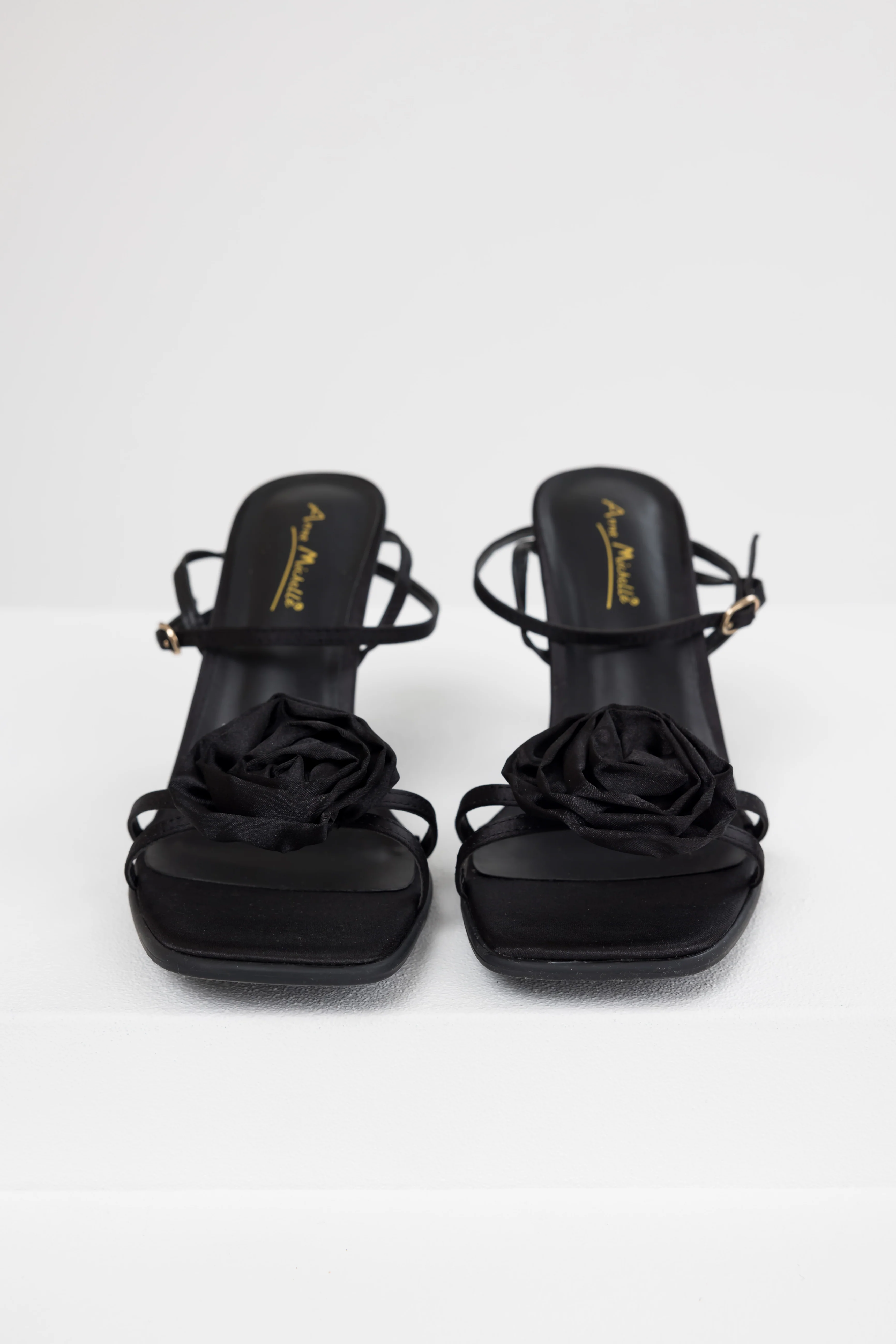 Black Satin Flower Strap Dress Heels - LD SALE