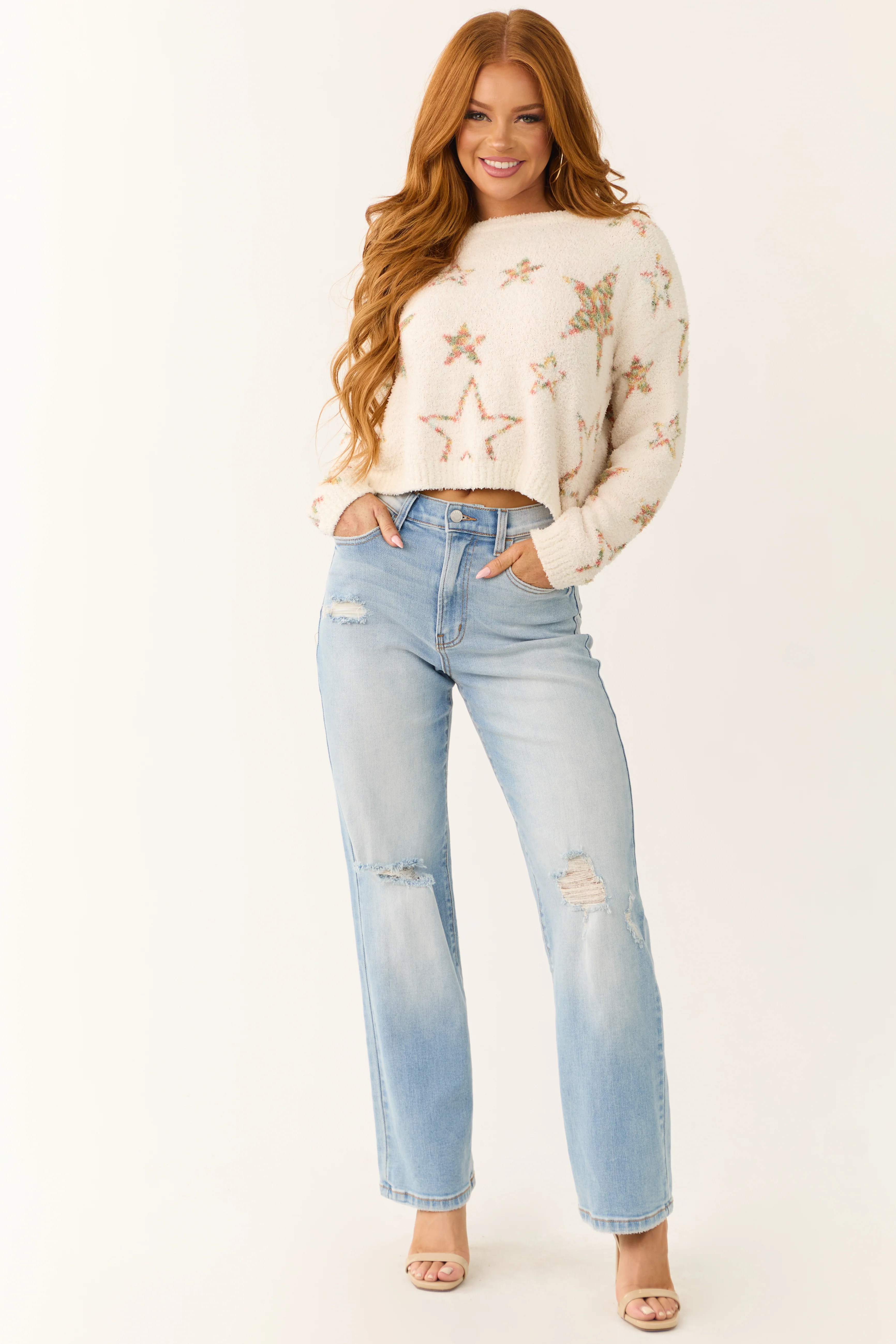 Ivory Star Pattern Fuzzy Knit Sweater - LD SALE