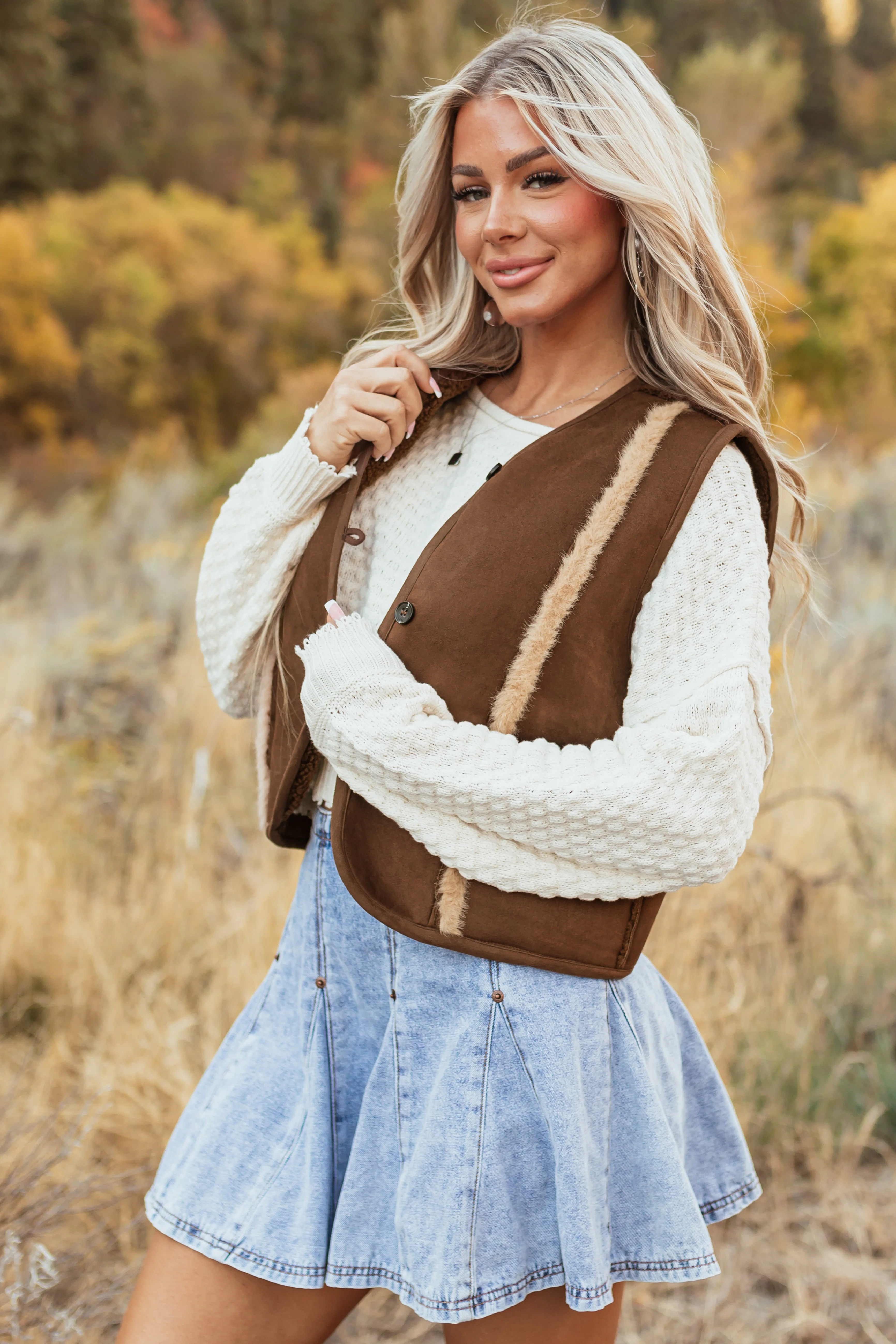 Sepia Faux Suede Fur Trim Thick Vest - LD SALE