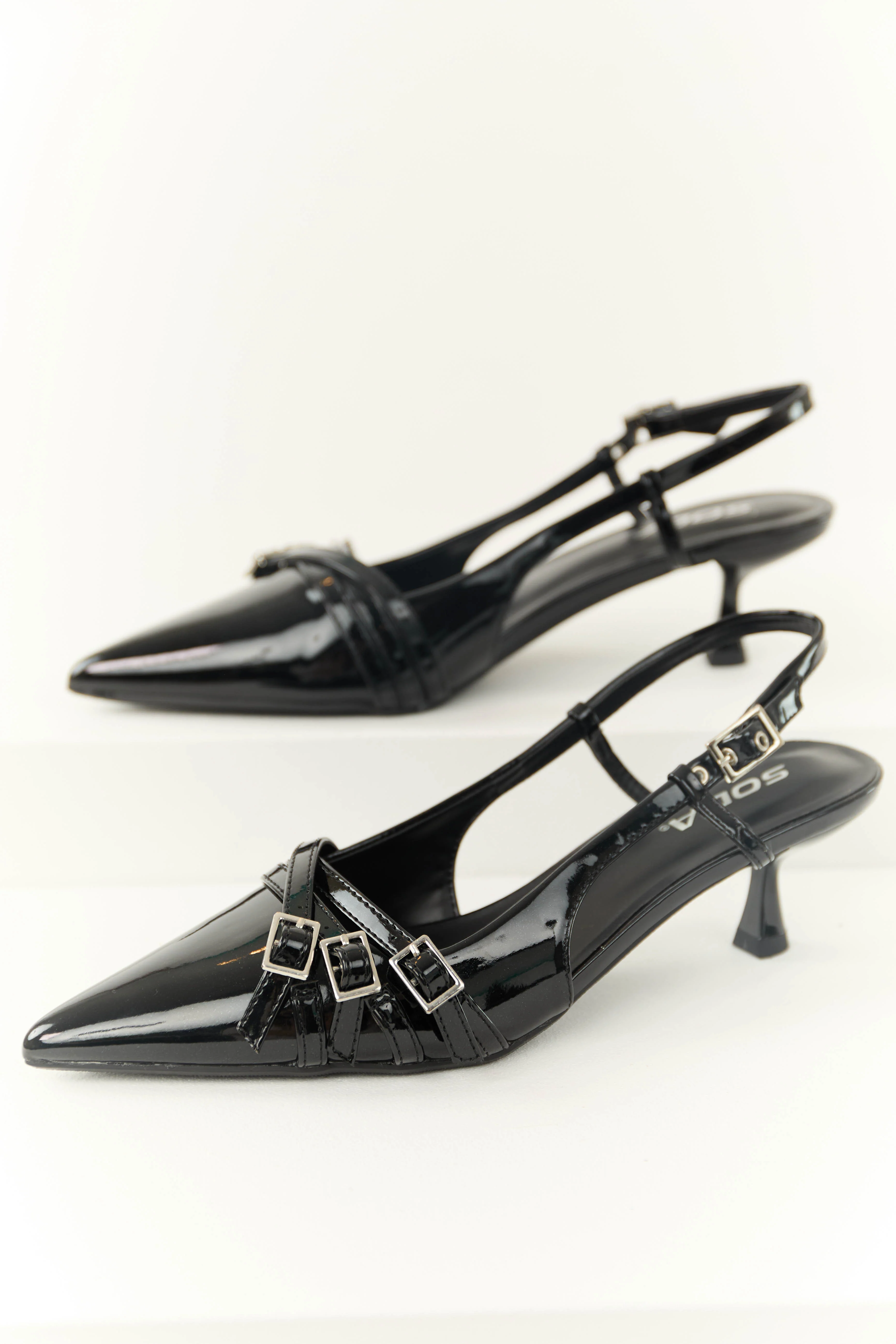 Shiny Black Pointed Toe Sling Back Heels - LD SALE