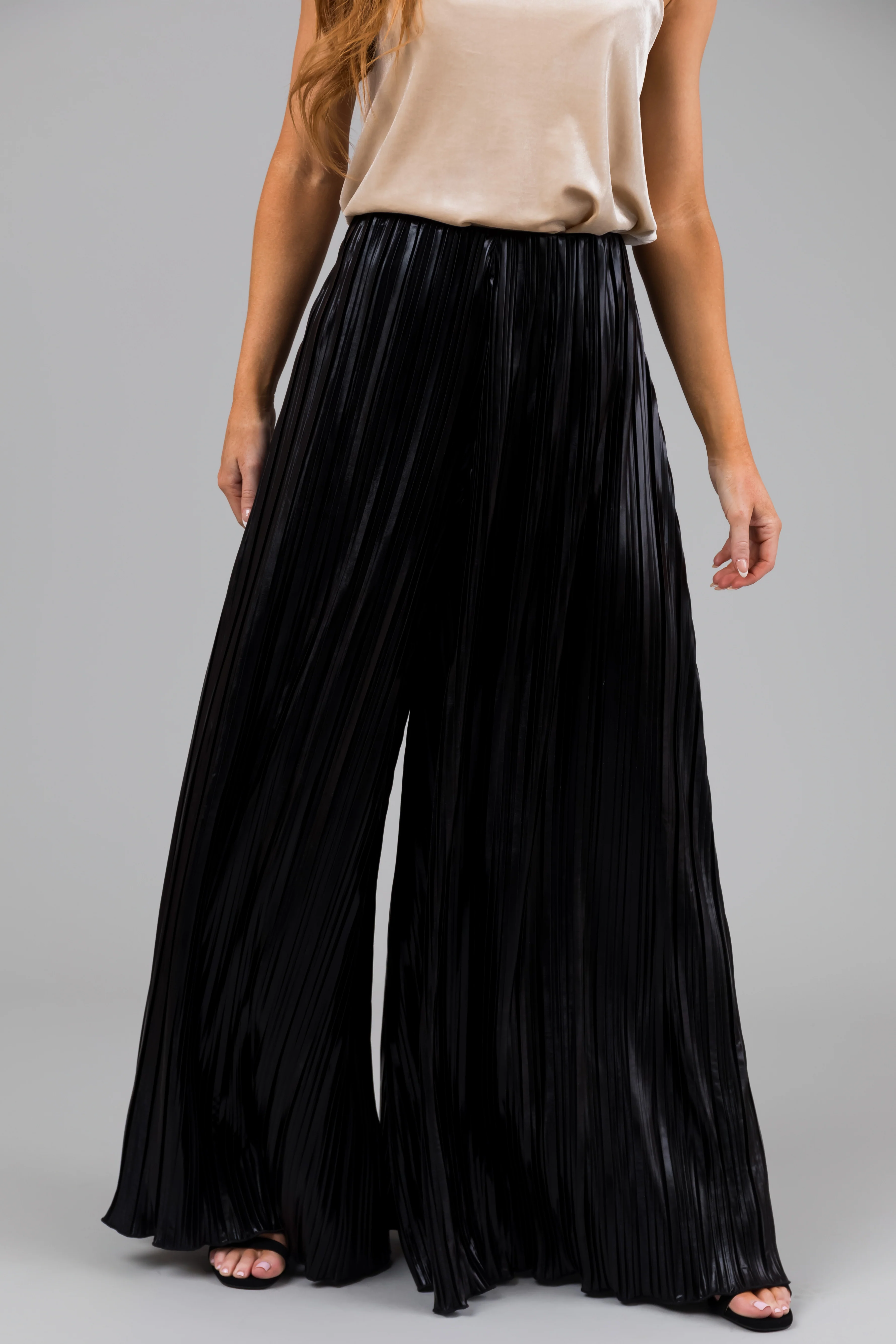 Black Metallic Pleated Flare High Waist Pants - LD SALE
